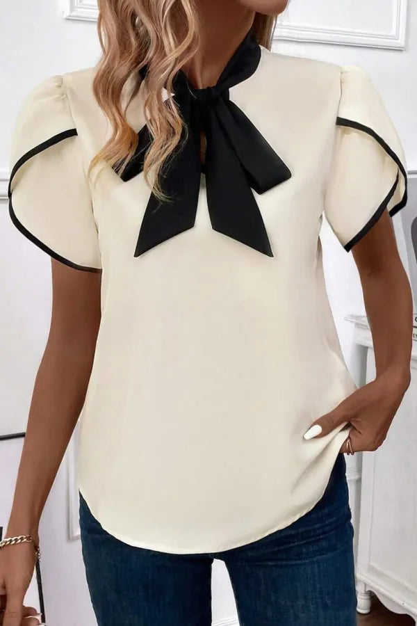 Bow Tie Contrast Short Sleeve Blouse