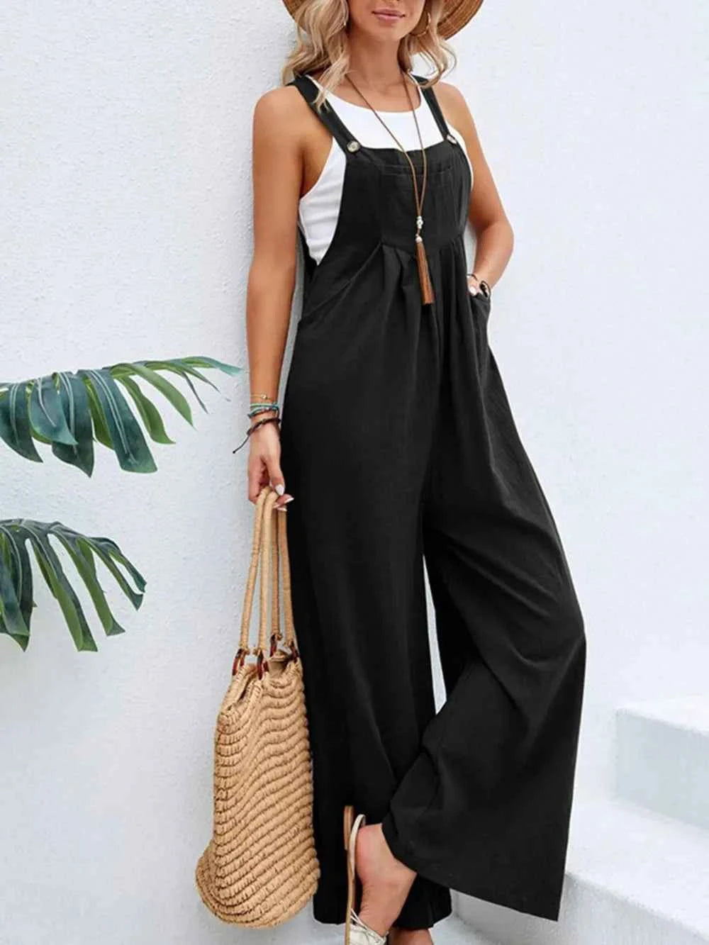 Full Size Square Neck Wide Strap Overalls Black