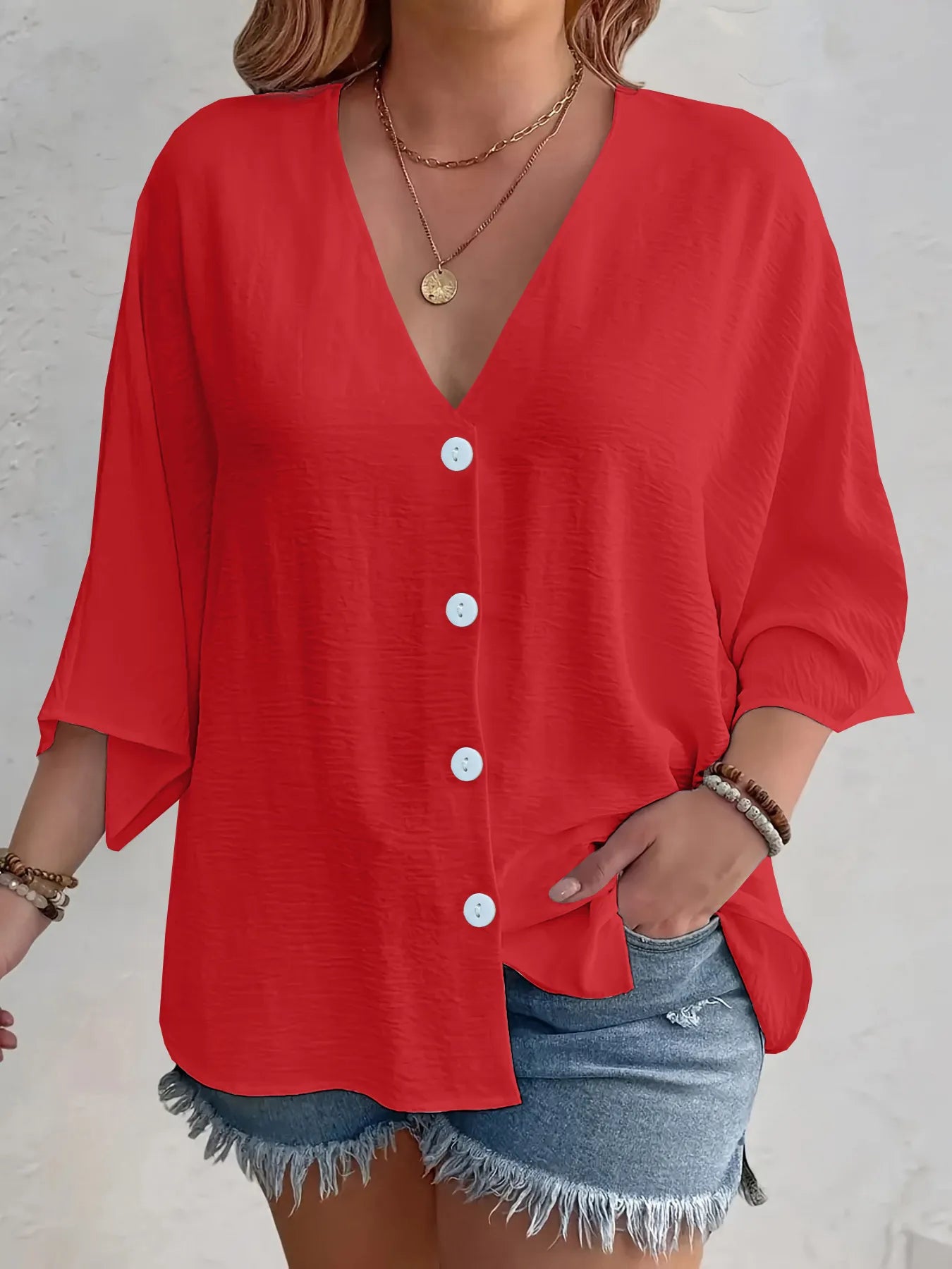 Full Size V-Neck Button Down Shirt Plus Size Red