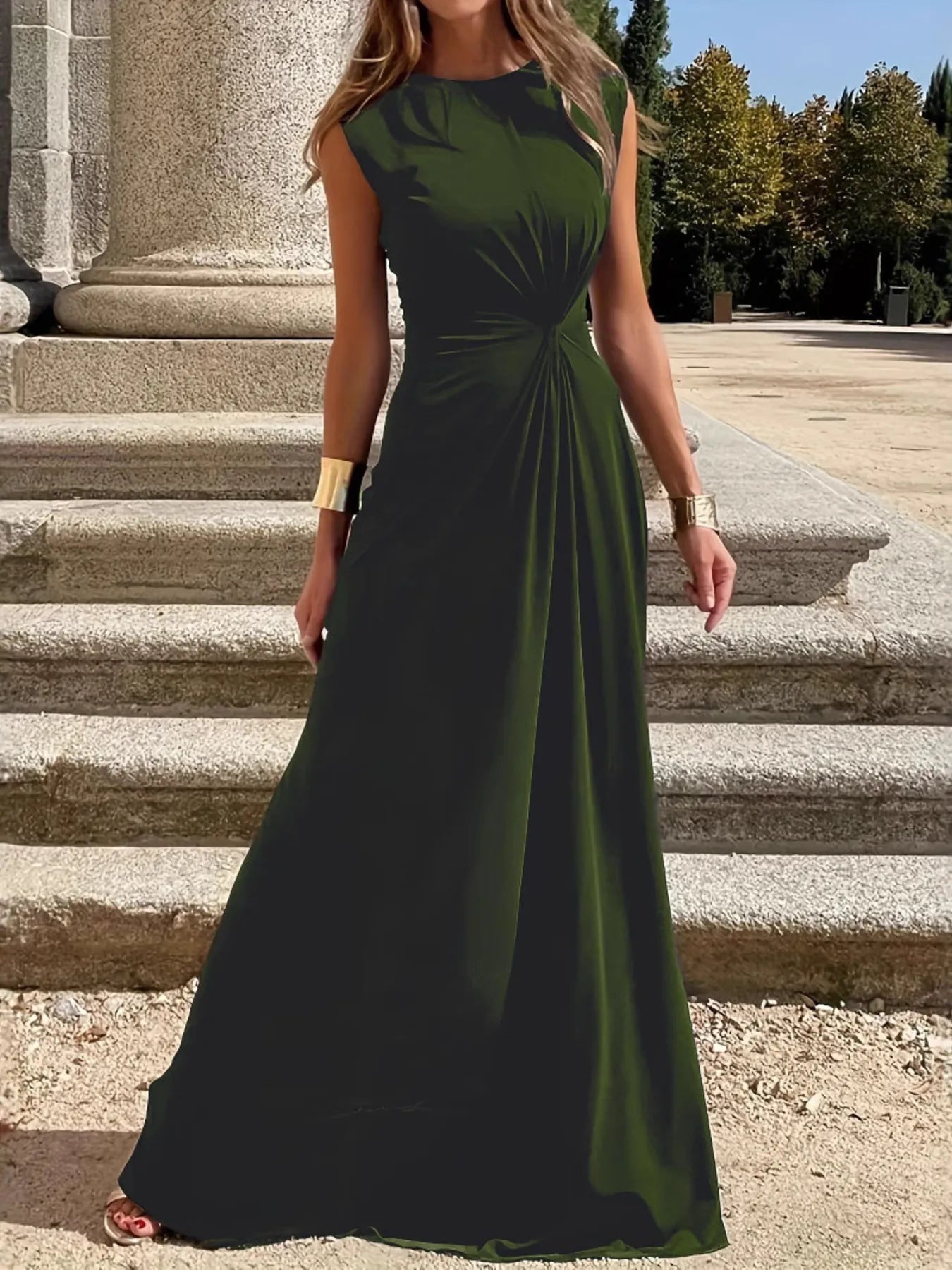 Round Neck Sleeveless Maxi Dress Army Green