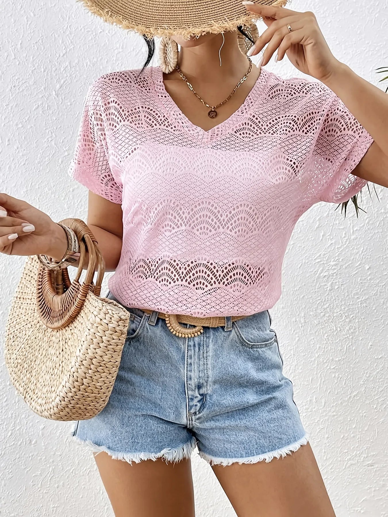 Crochet Lace V-Neck Summer Top Pink