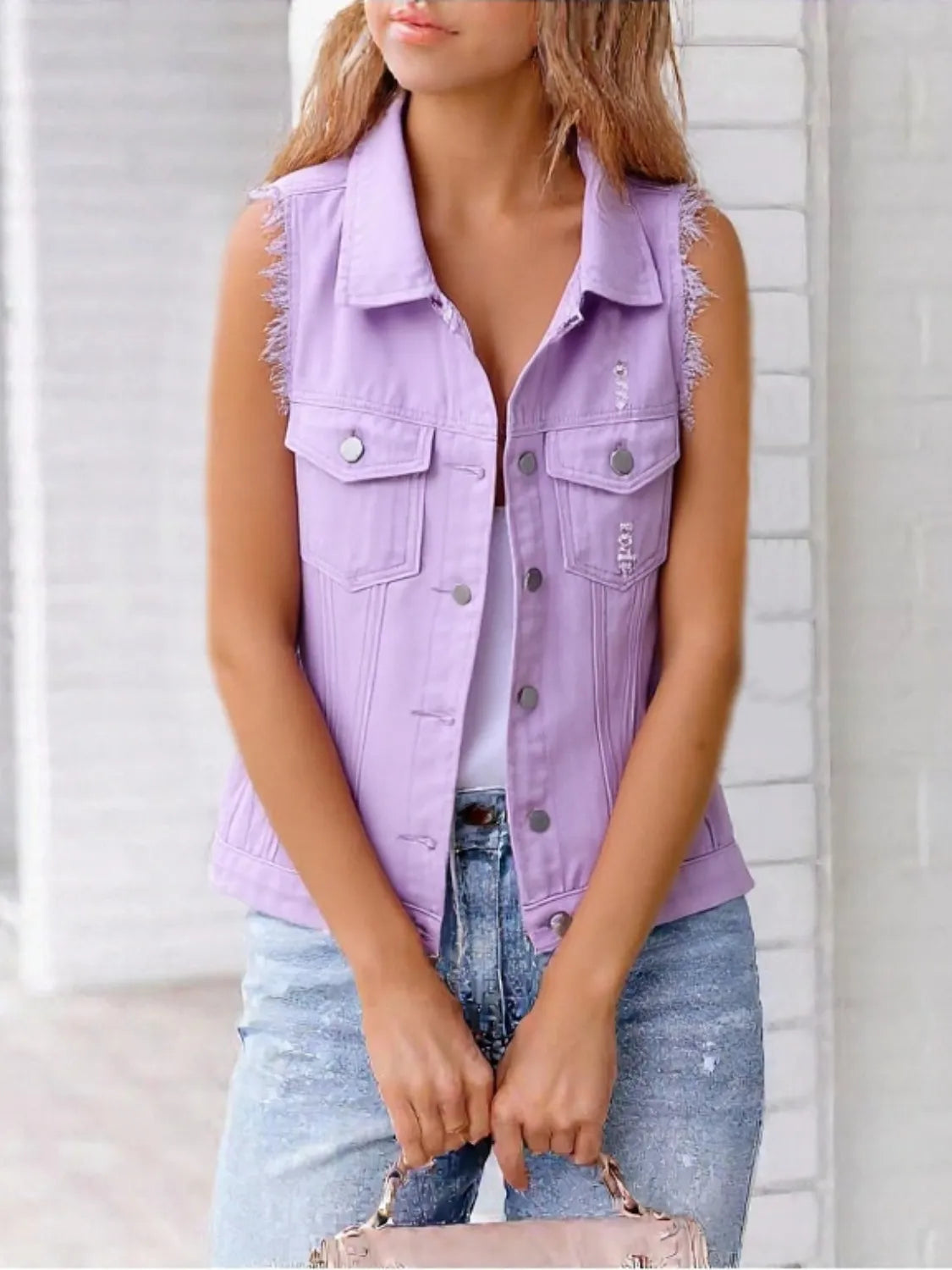 Full Size Sleeveless Frayed Denim Vest Jacket Plus Size Lavender