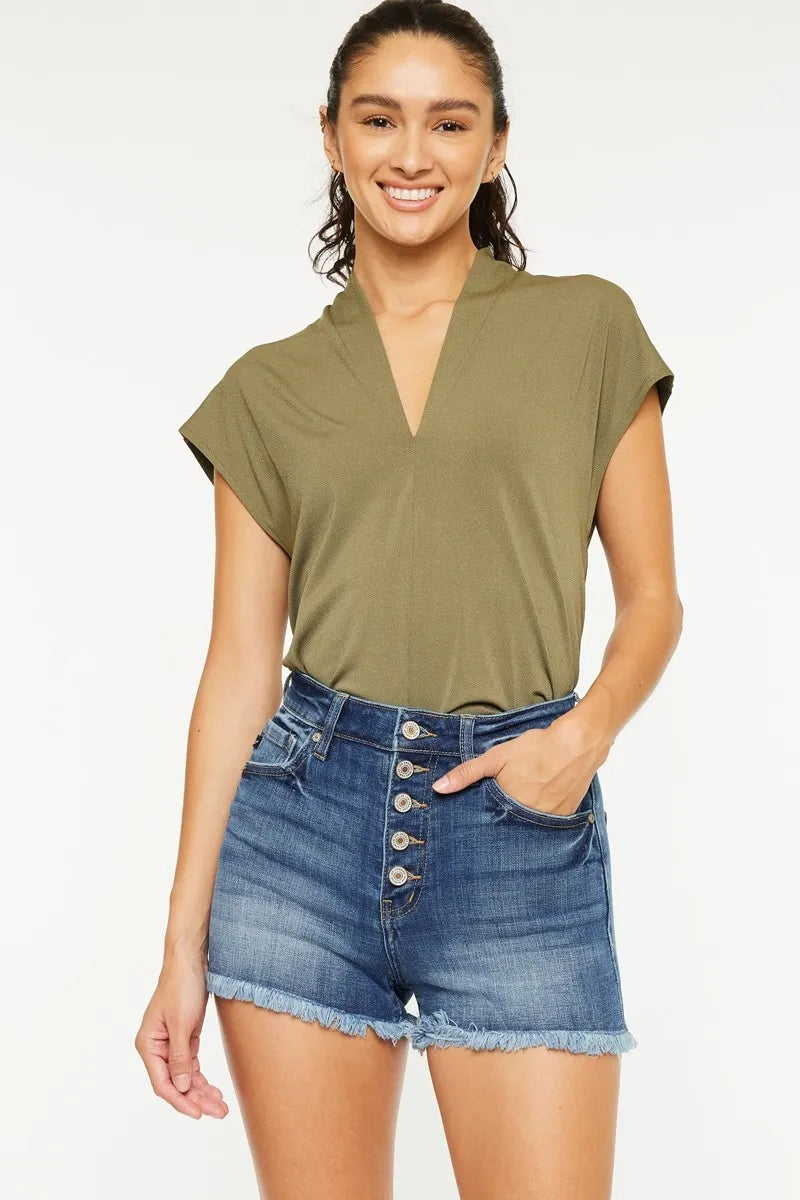 Kancan High Rise Frayed Hem Denim Shorts MEDIUM