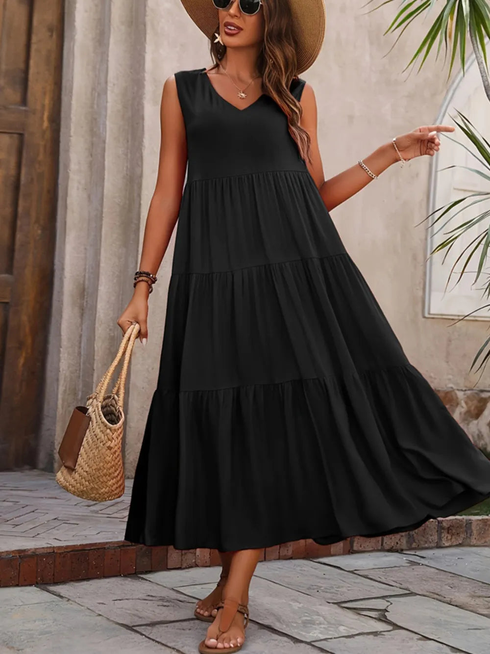 Tiered V-Neck Sleeveless Dress