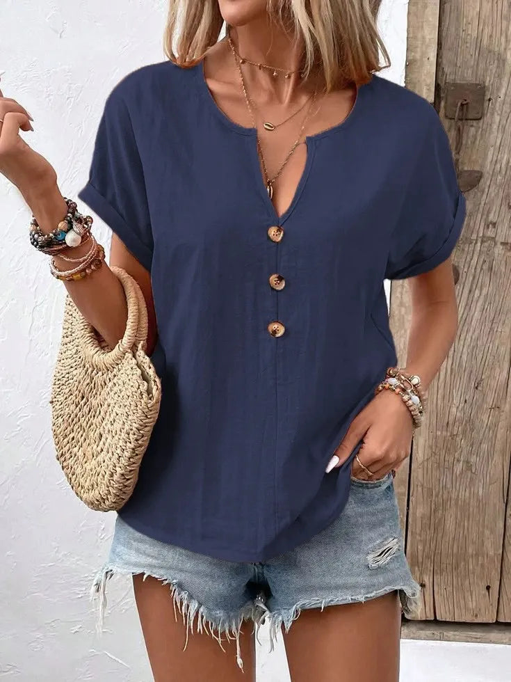 Full Size Notched Short Sleeve Top Plus Size Navy Blue