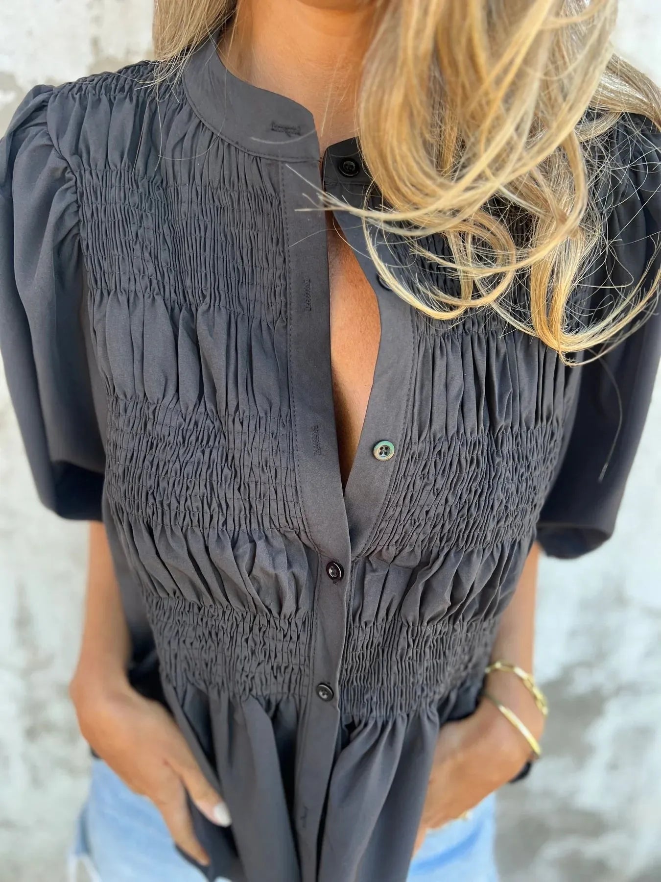 Full Size Smocked Button Front Puff Sleeve Shirt Plus Size