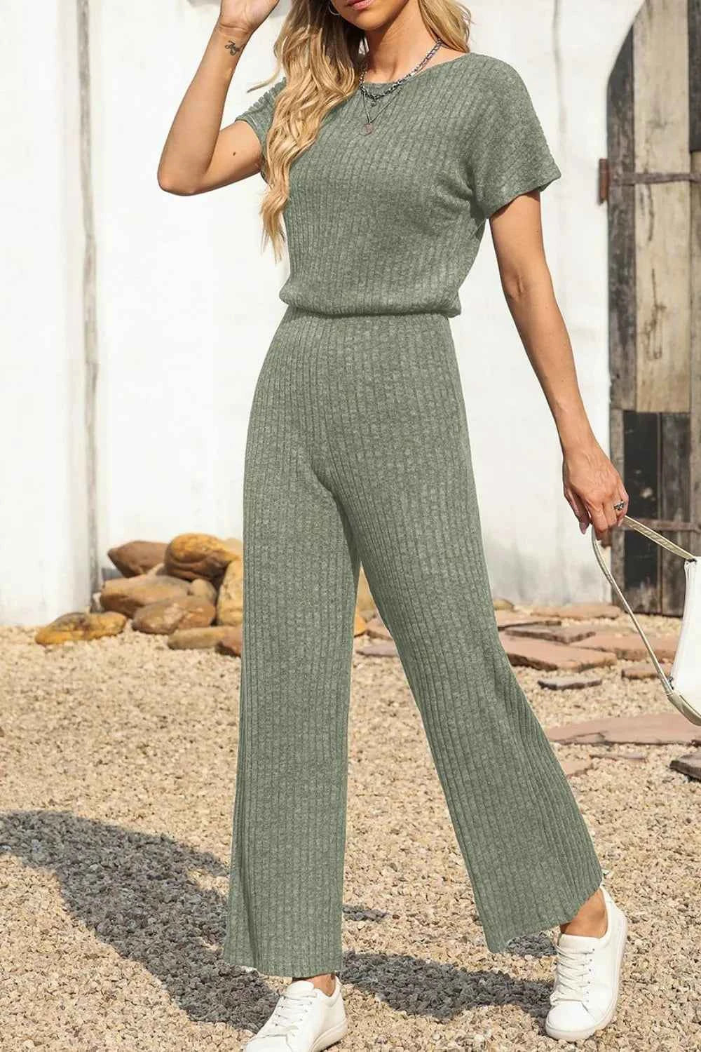 Ribbed Short Sleeve Wide Leg Jumpsuit