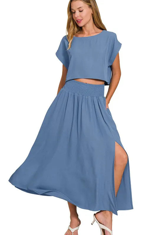 Zenana Heavy Woven Span Crop Tee & Skirt Set