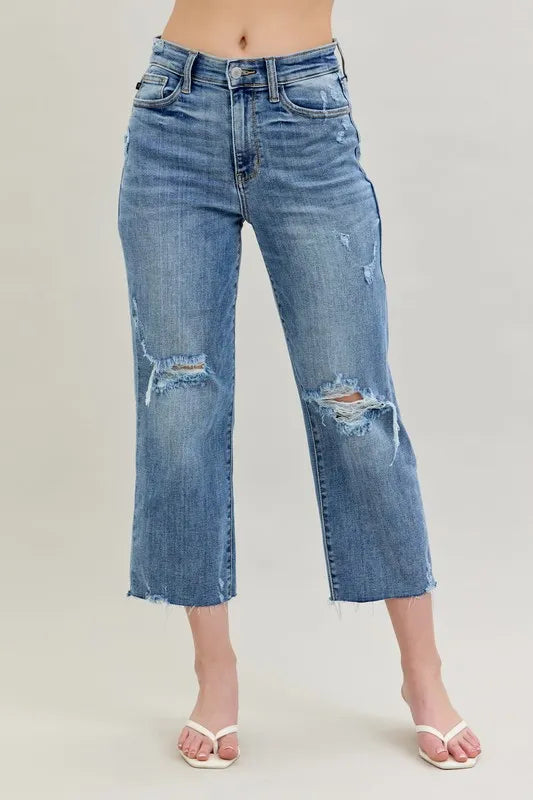 Judy Blue Full Size High Waist Destroy Crop Wide Leg Jeans Plus Size LT