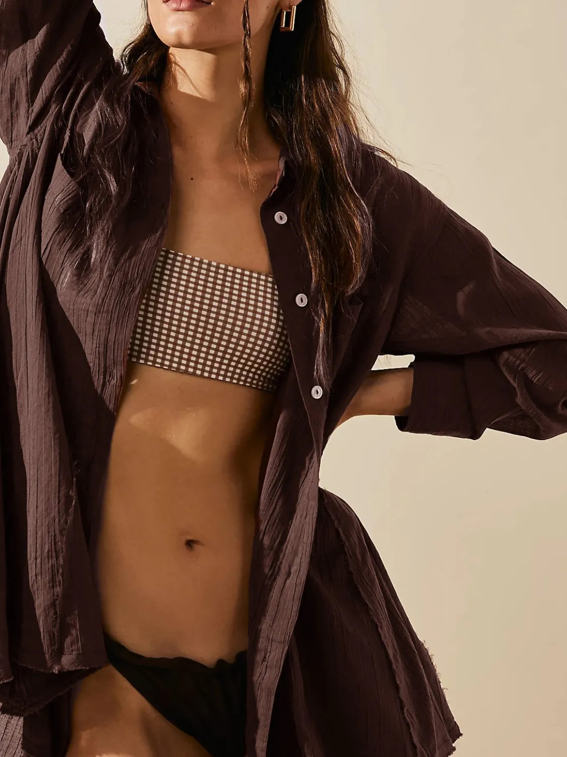 Textured Button-Down Shirt Dress Brown