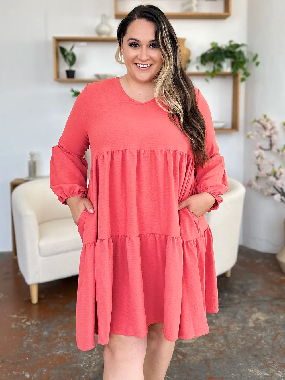 Double Take Full Size V-Neck Balloon Sleeve Tiered Dress with Pockets Coral