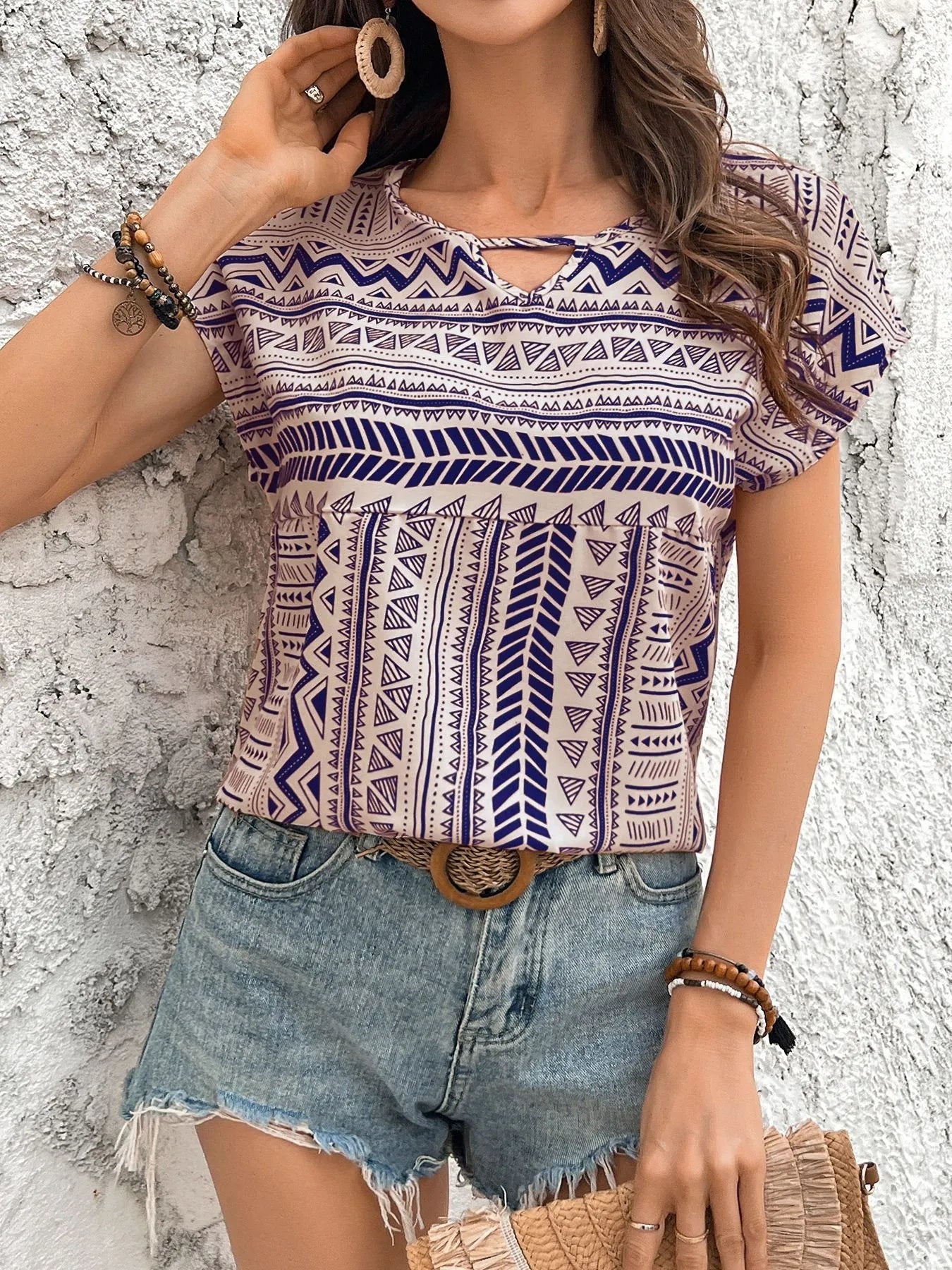 Geometric Print Short Sleeve Blouse Beige
