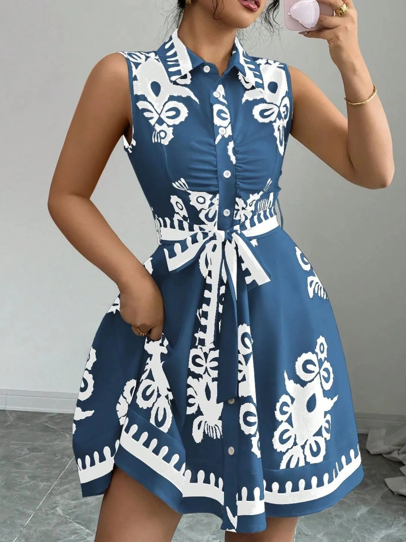 Printed Sleeveless Tie Waist Mini Dress