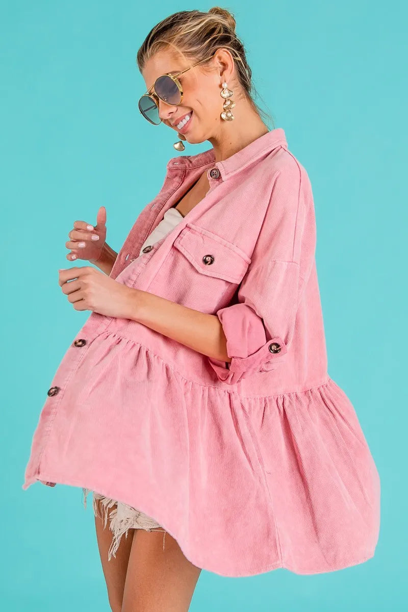 BiBi Corduroy Ruffle Peplum Button Up Shirt