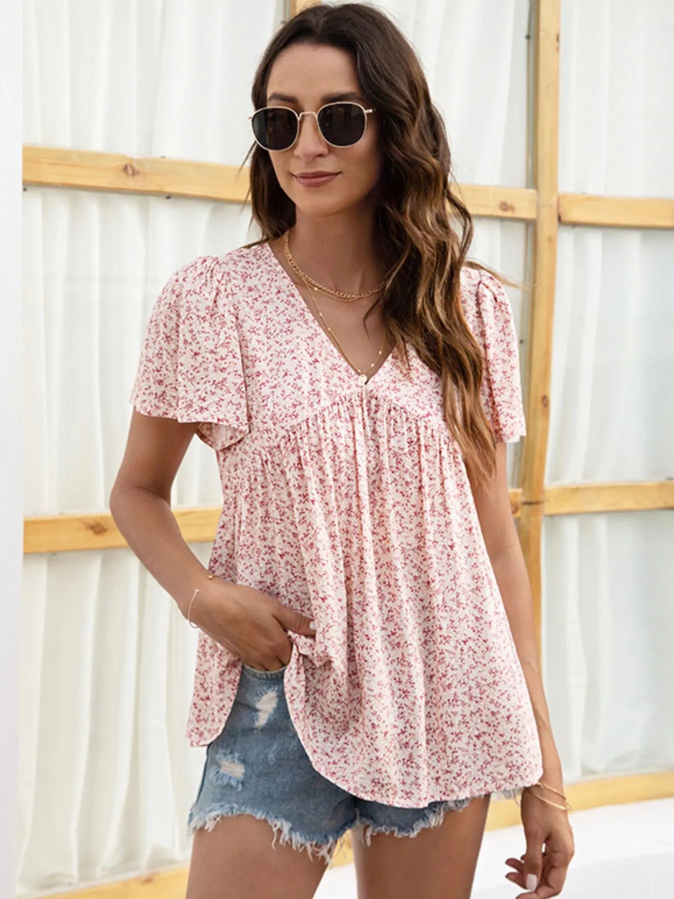 Floral Print V-neck Flutter Sleeve Babydoll Blouse Pink