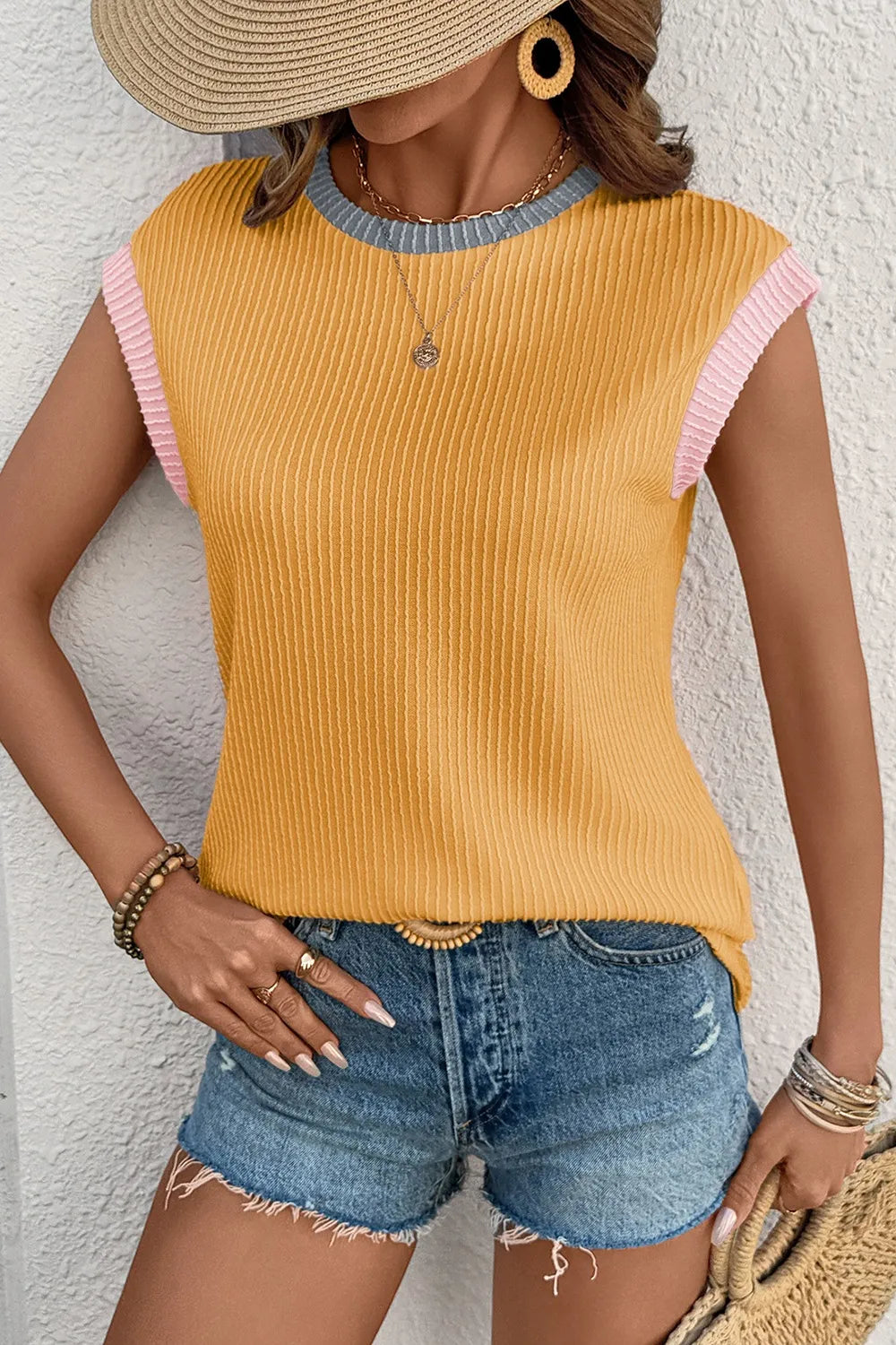 Contrast Trim Ribbed Knit Sleeveless Top