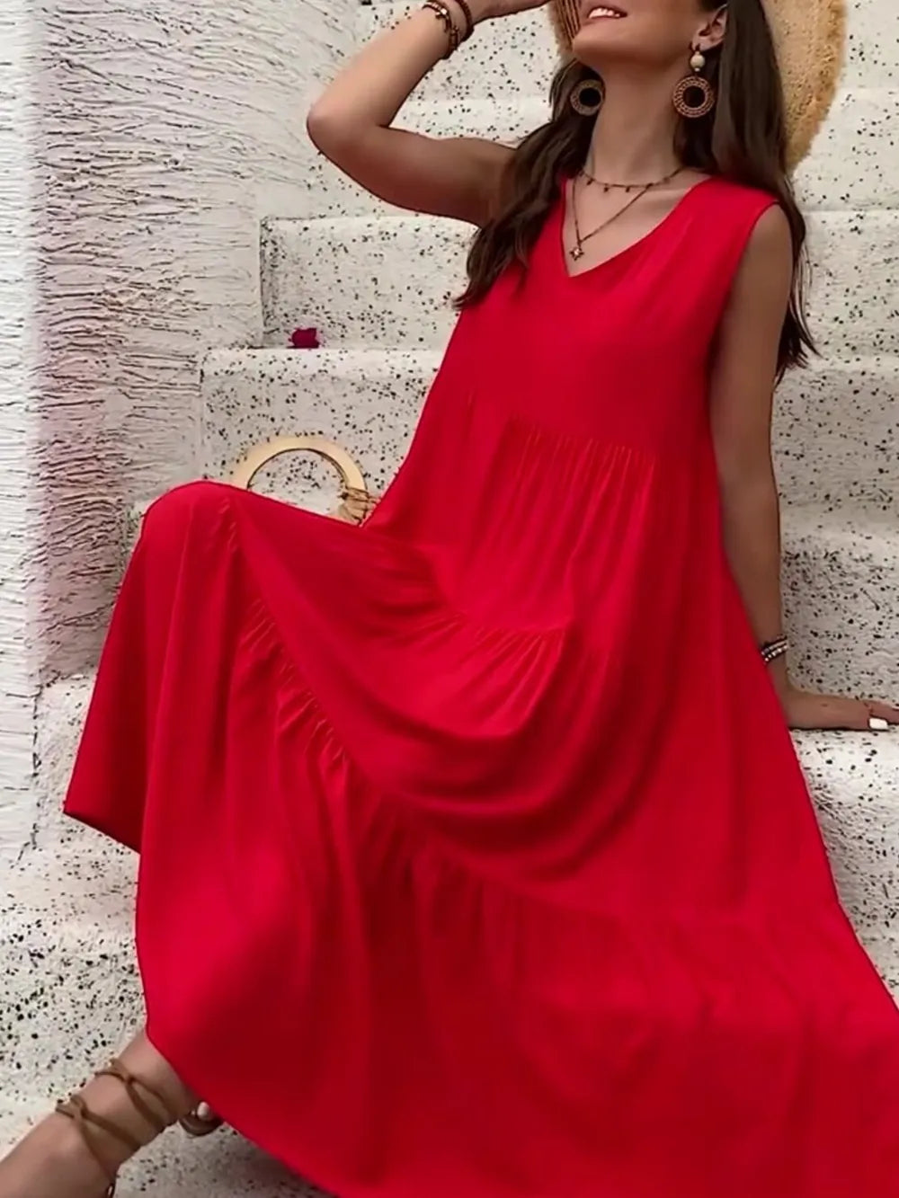 Tiered V-Neck Sleeveless Dress