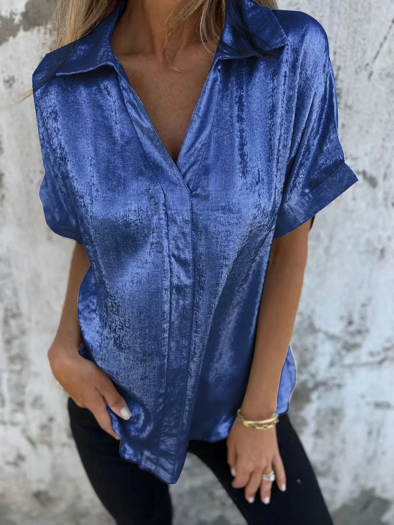 Full Size Collared Neck Short Sleeve Shirt Plus Size Blue