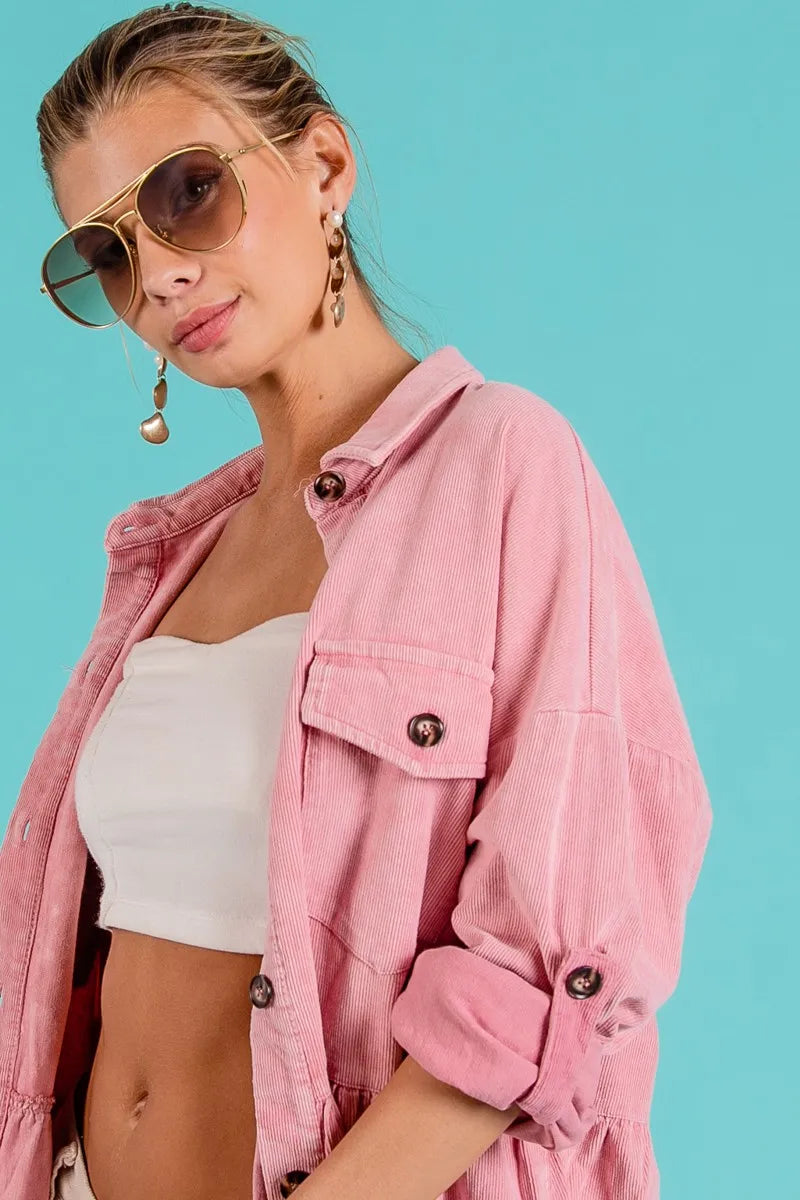 BiBi Corduroy Ruffle Peplum Button Up Shirt