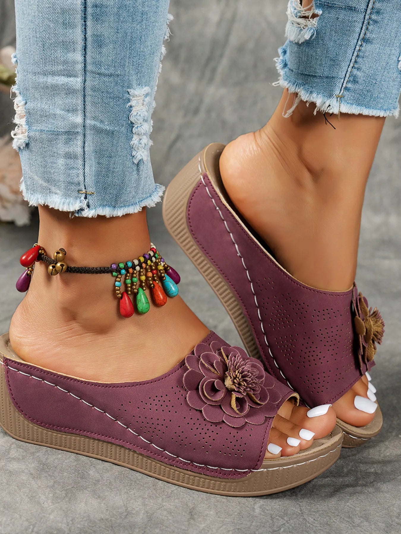 Flower Peep Toe Wedge Sandals Burgundy