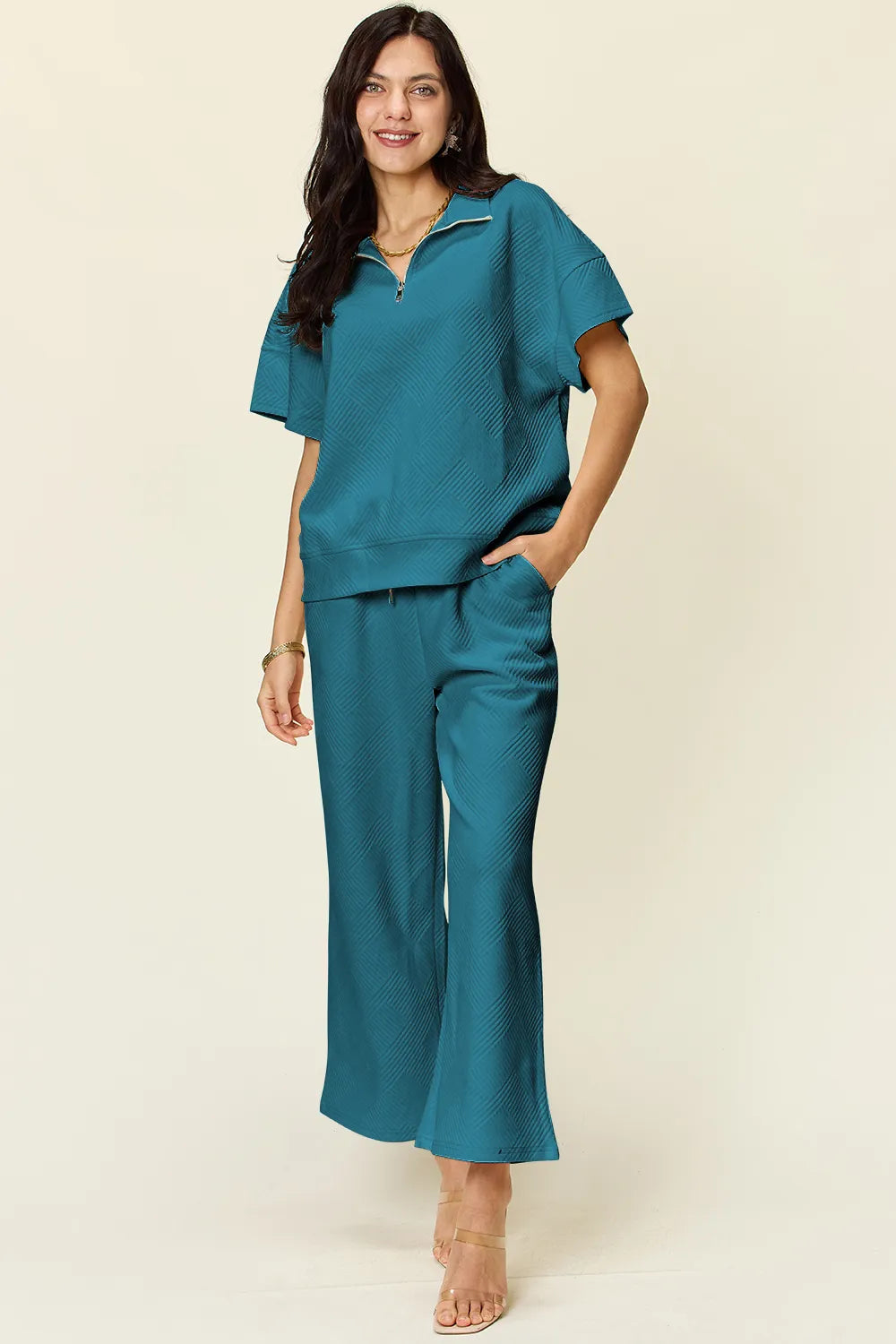 Double Take Full Size Texture Half Zip Short Sleeve Top and Pants Set Teal
