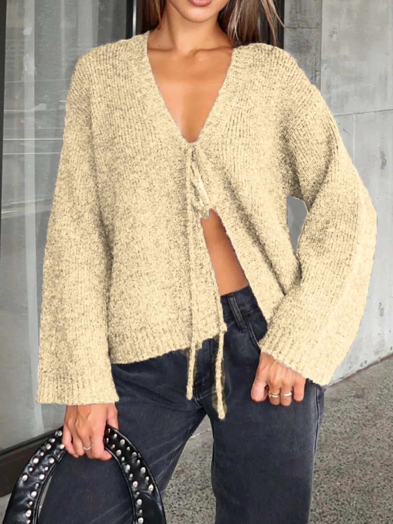 Open Front Tied Sweater Cardigan Pastel Yellow