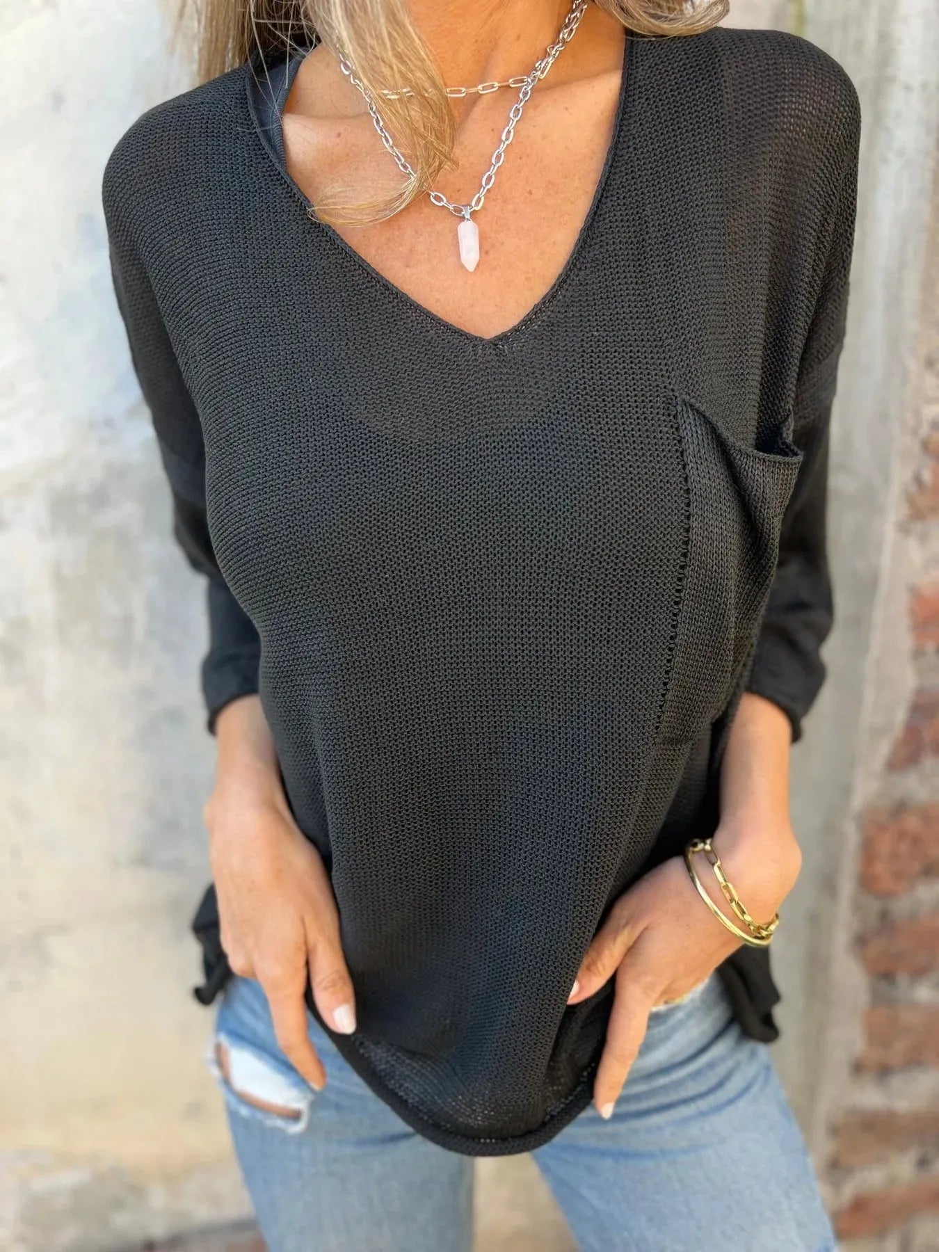 Full Size Casual V-Neck Knit Sweater Plus Size Black