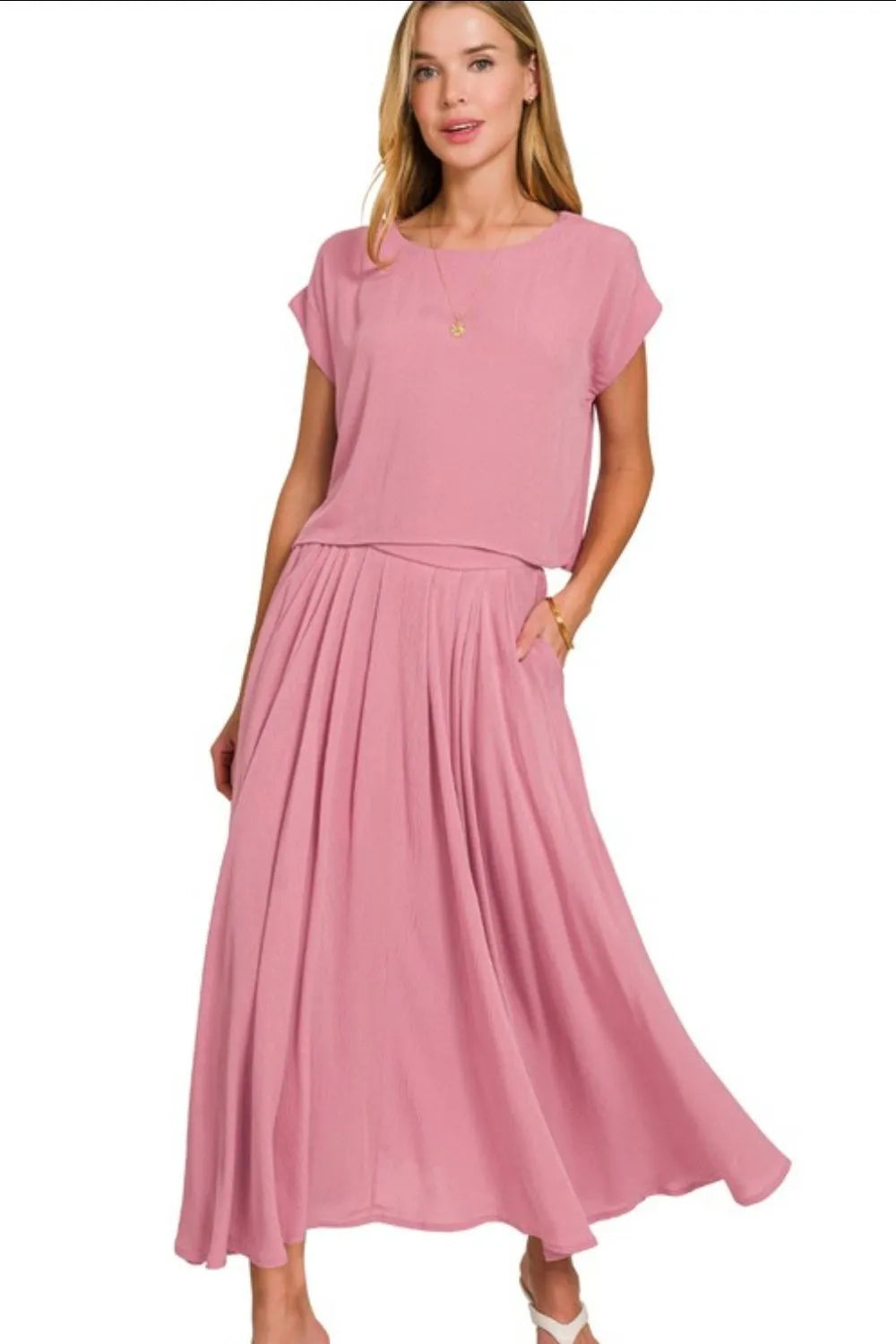 Zenana Woven Crinkle Gauze Crop Tee and Skirt Set