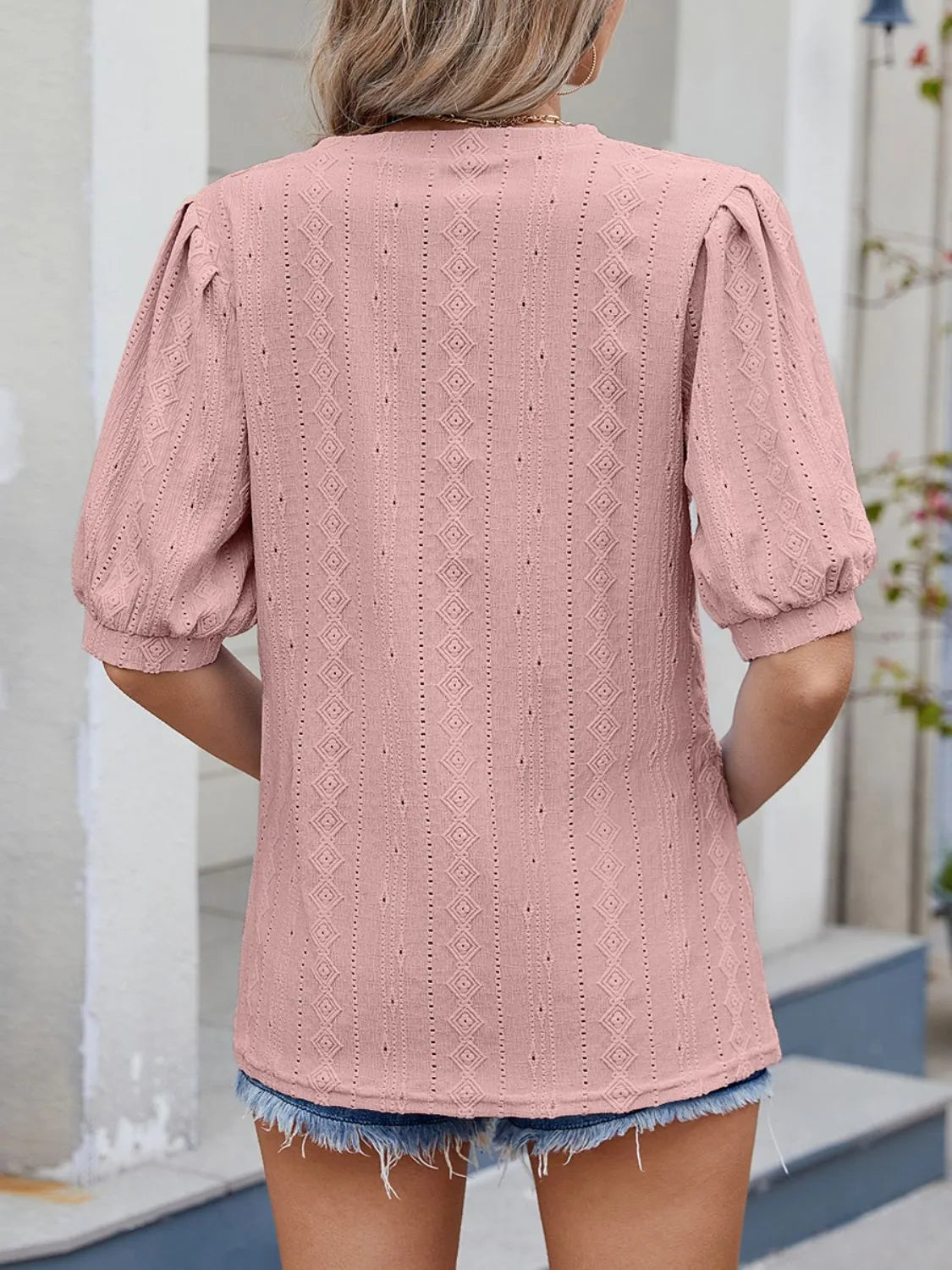 Puff Sleeve V-Neck Eyelet Lace T-Shirt