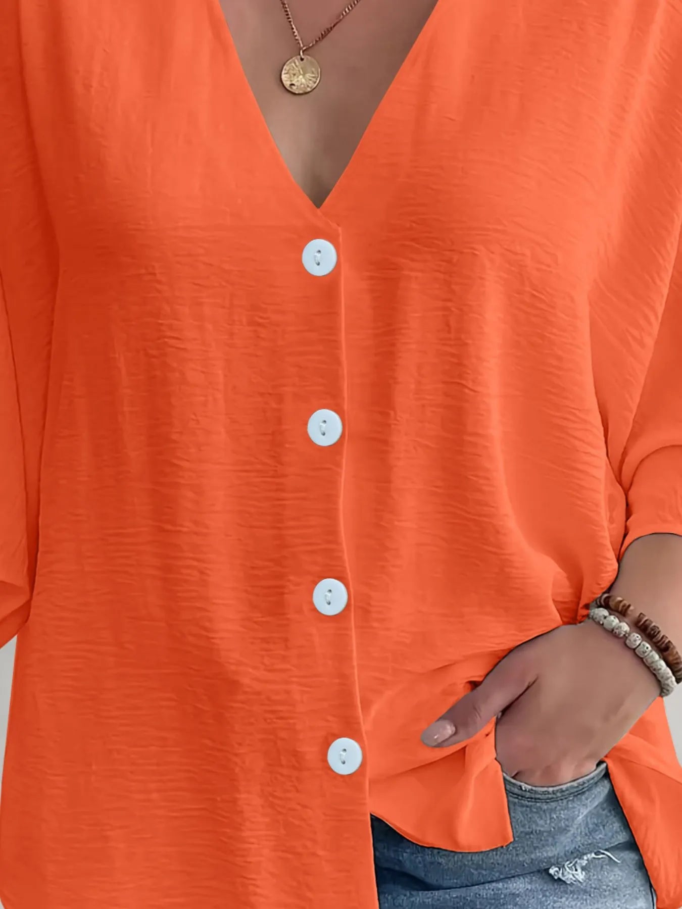 Full Size V-Neck Button Down Shirt Plus Size Orange