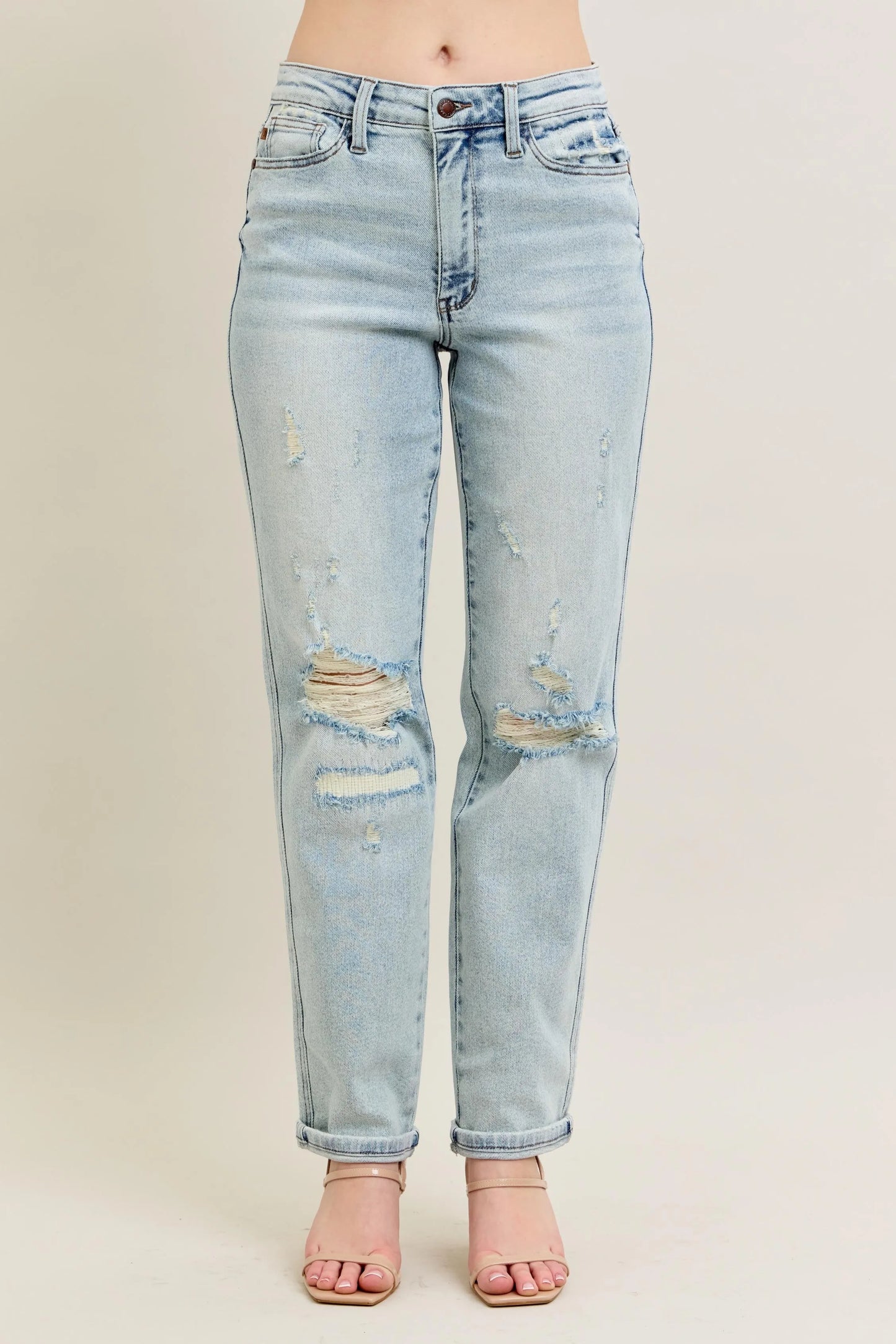 Judy Blue Full Size Mr Repair Stitch Detail Destroy Single Cuff Bf Jeans Plus Size