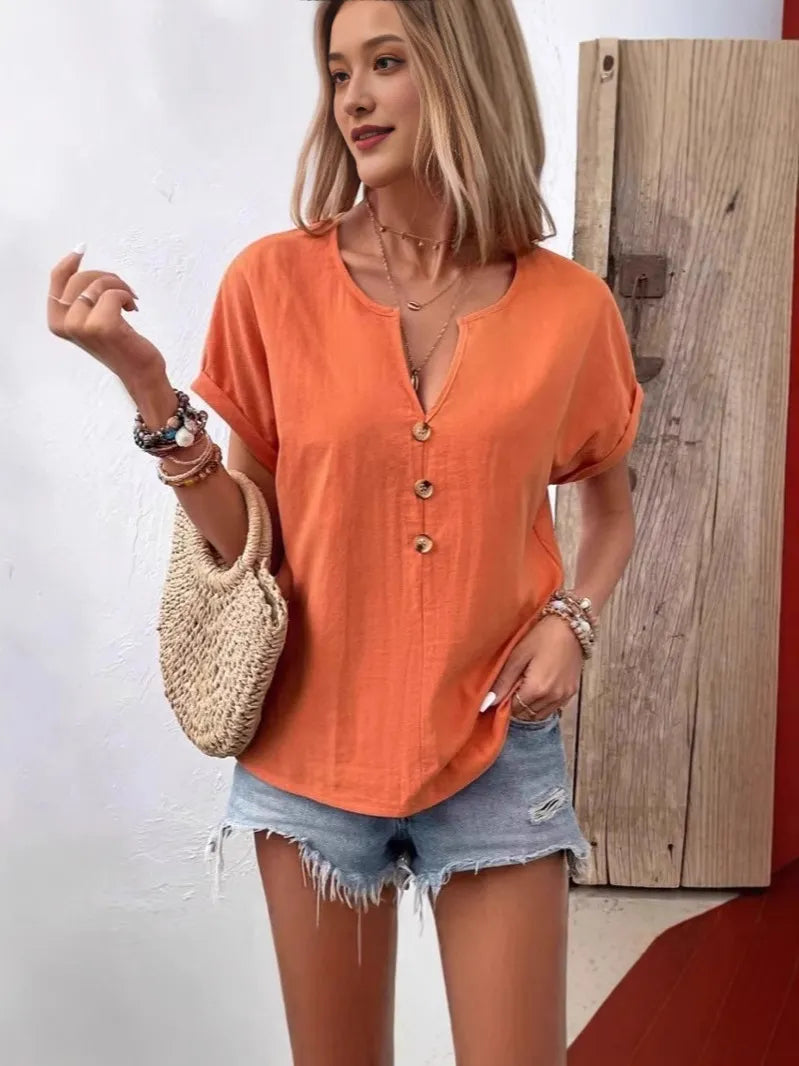 Full Size Notched Short Sleeve Top Plus Size Orange