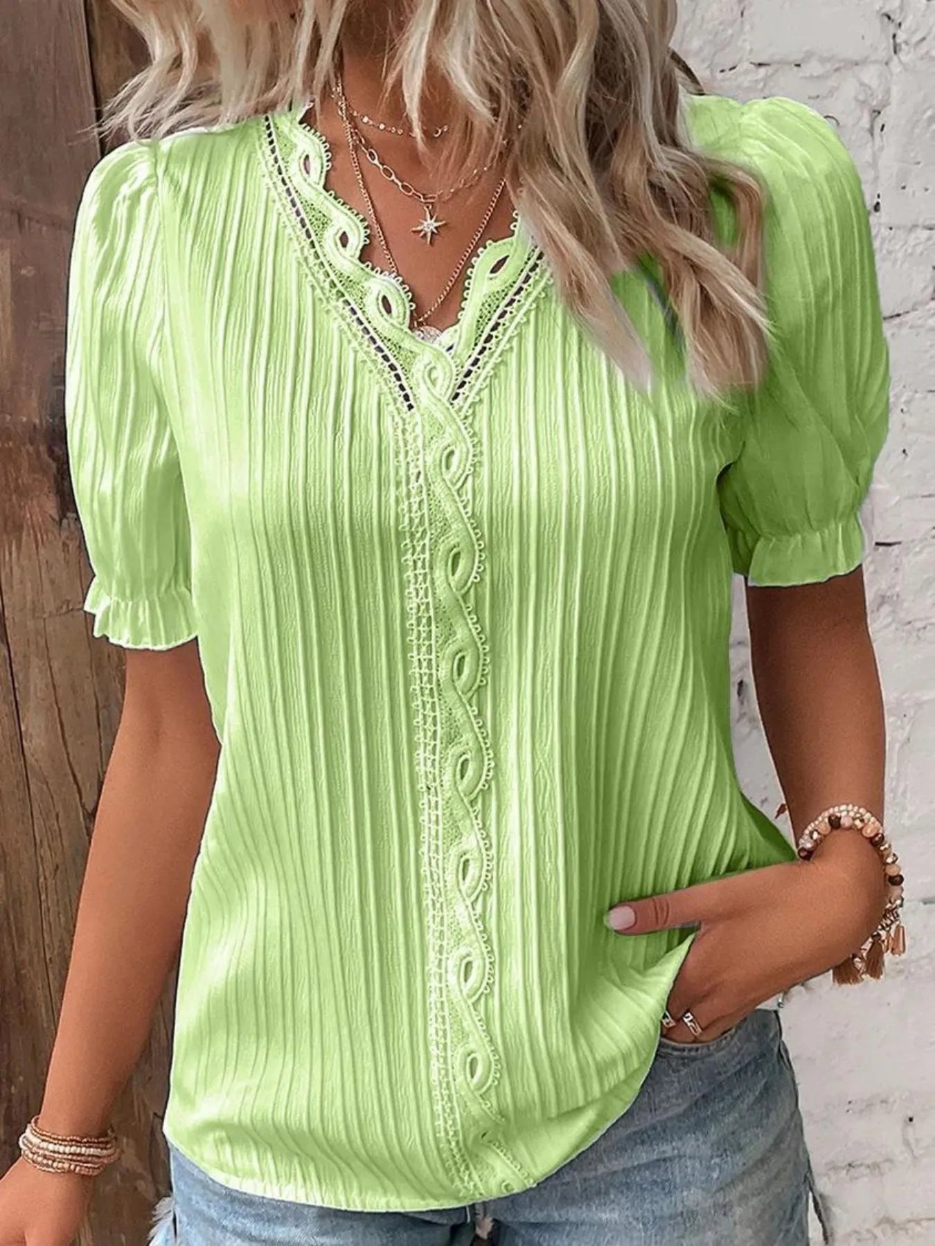 Full Size Lace Detail V-Neck Blouse Plus Size Yellowish Green