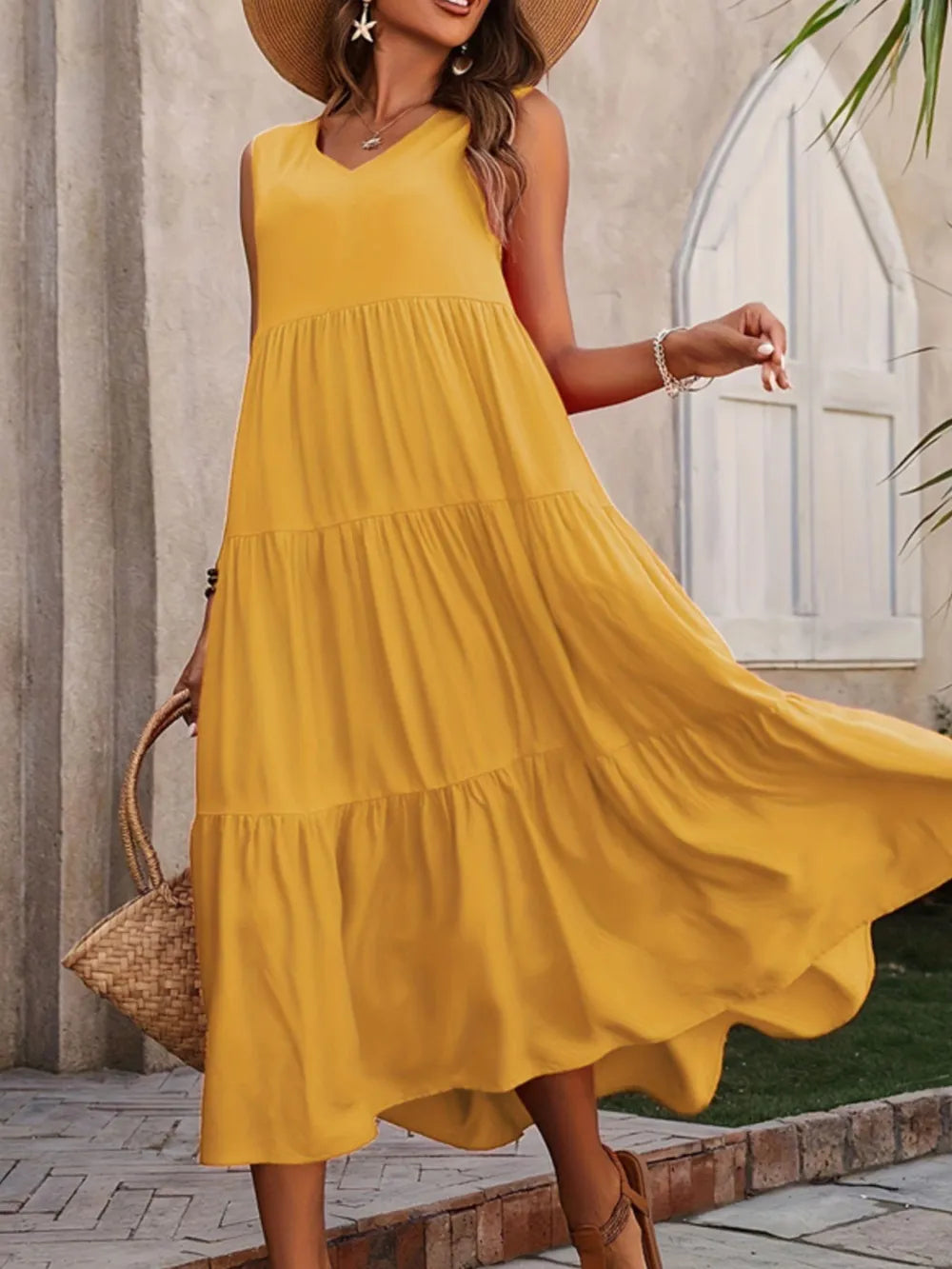 Tiered V-Neck Sleeveless Dress Mustard