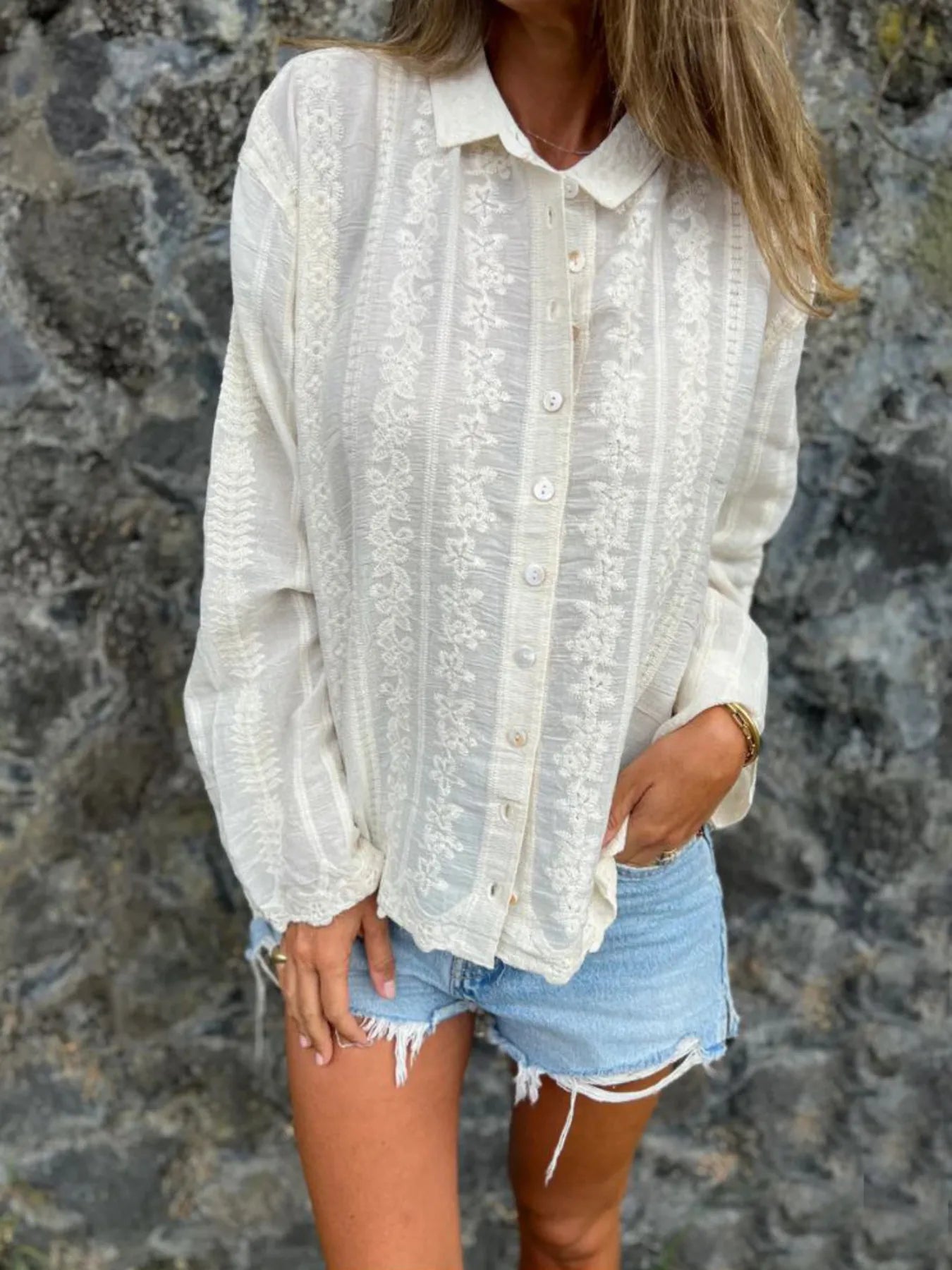 Floral Embroidered Button Down Shirt