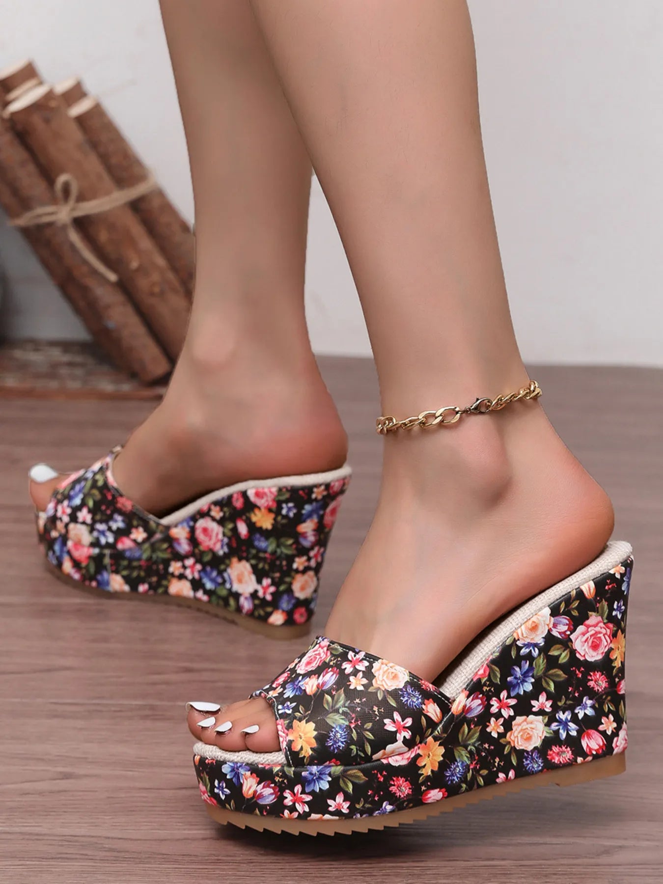 Floral Print Platform Wedge Sandals