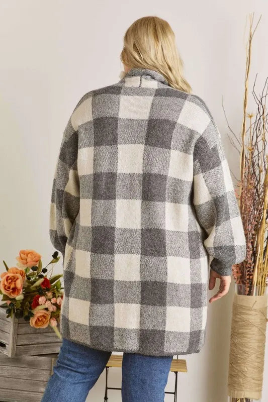 ADORA Full Size Checker Sweater Cardigan Plus Size
