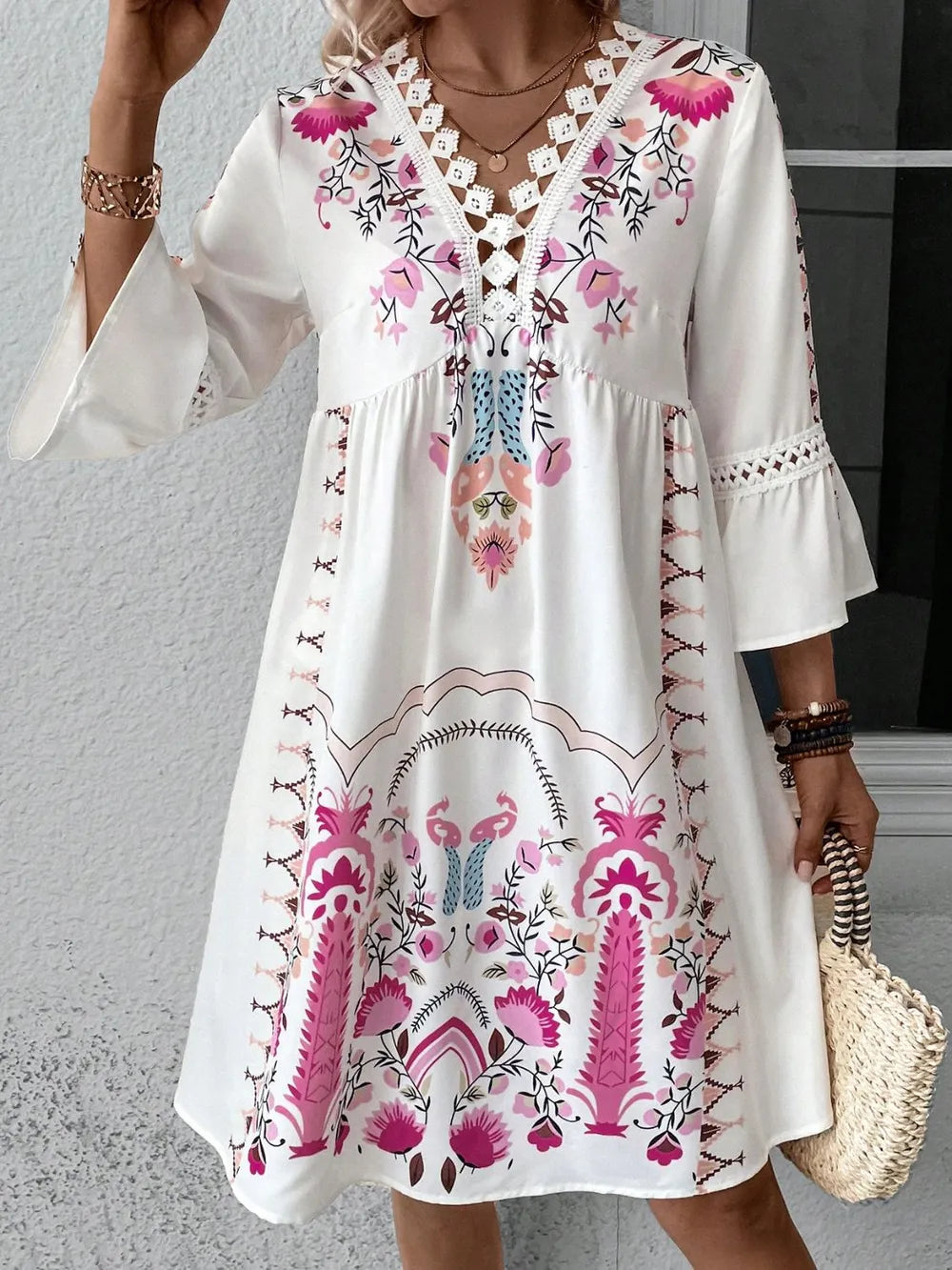 Lace Detail Printed Three-Quarter Sleeve Dress Deep Rose