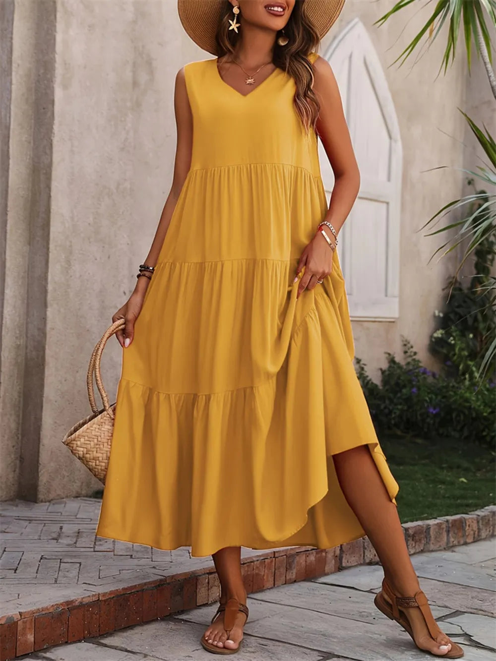 Tiered V-Neck Sleeveless Dress