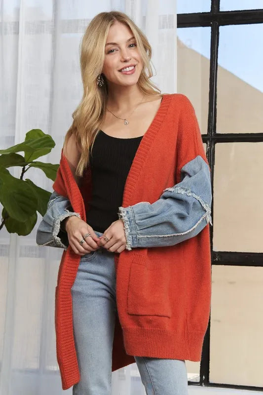 ADORA Full Size Frayed Denim Sleeve Sweater Cardigan Plus Size