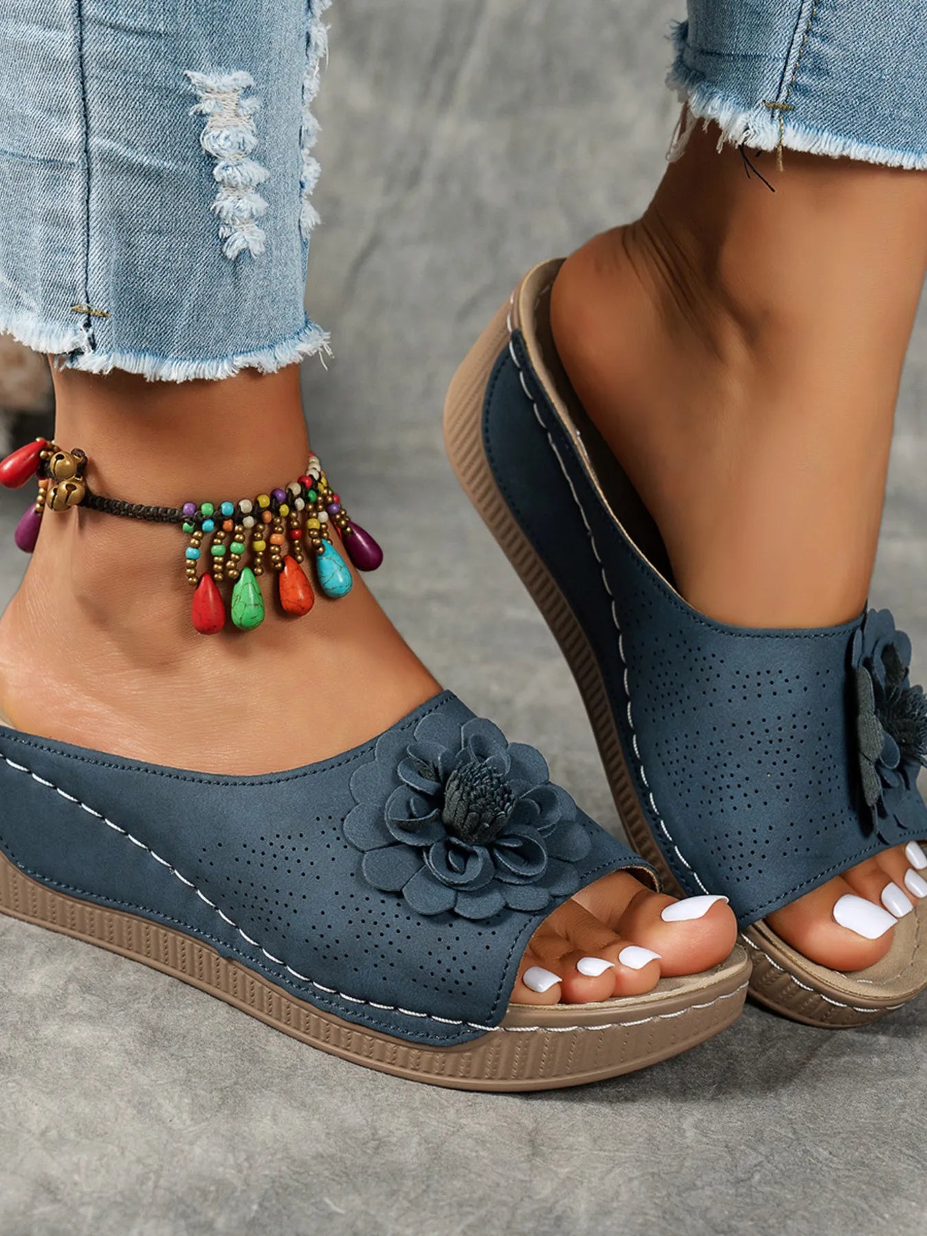 Flower Peep Toe Wedge Sandals Dark Blue