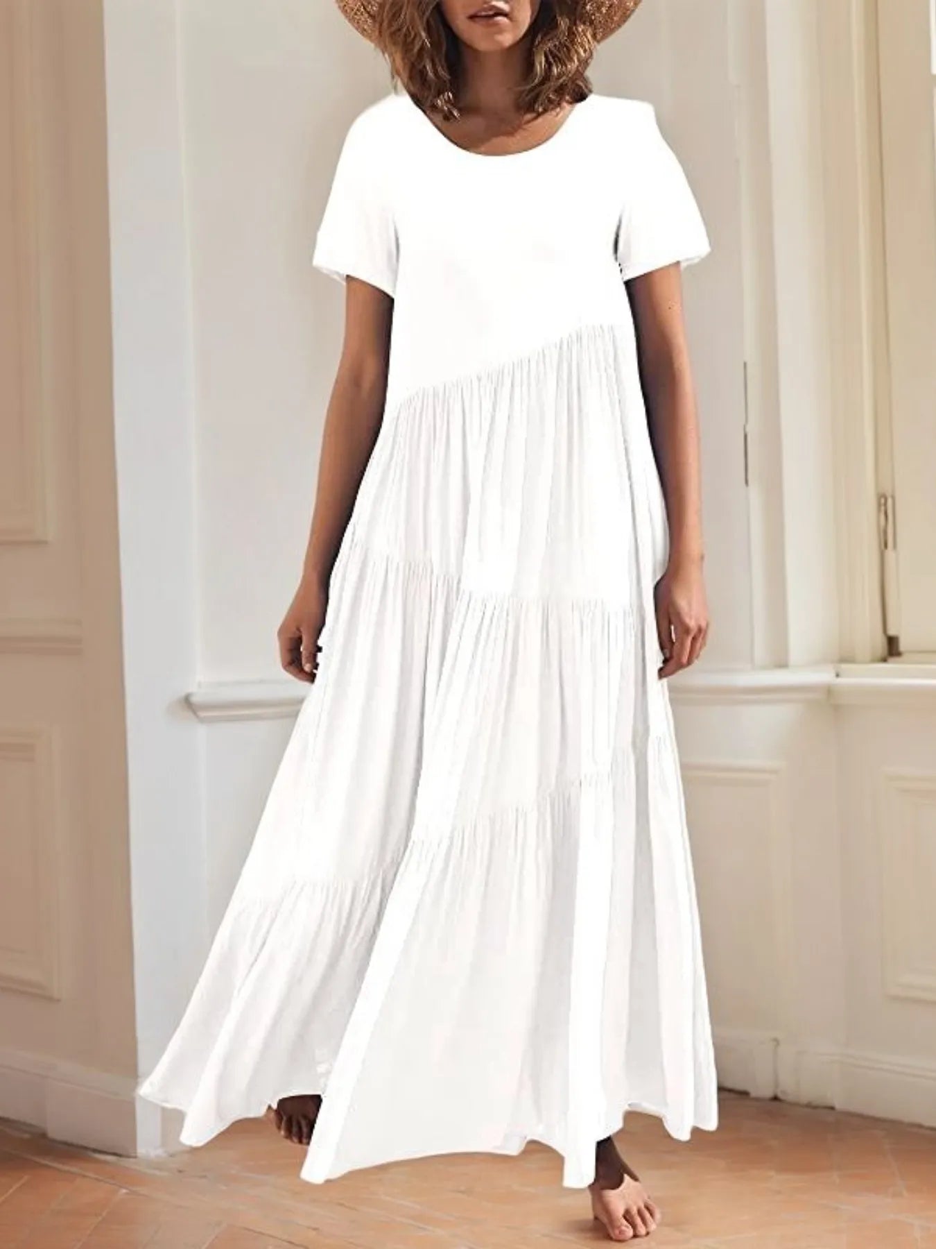 Round Neck Tiered Ruffle Maxi Dress White