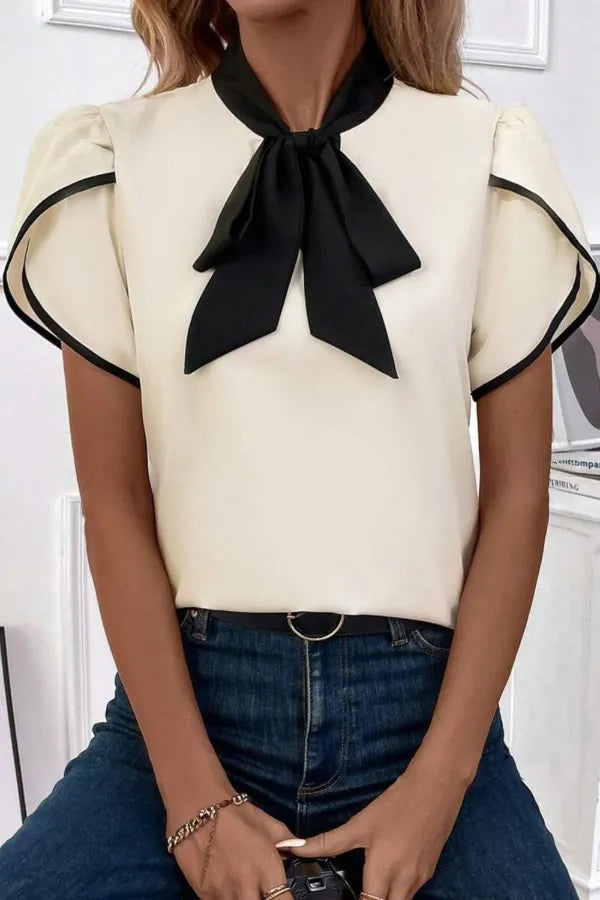 Bow Tie Contrast Short Sleeve Blouse