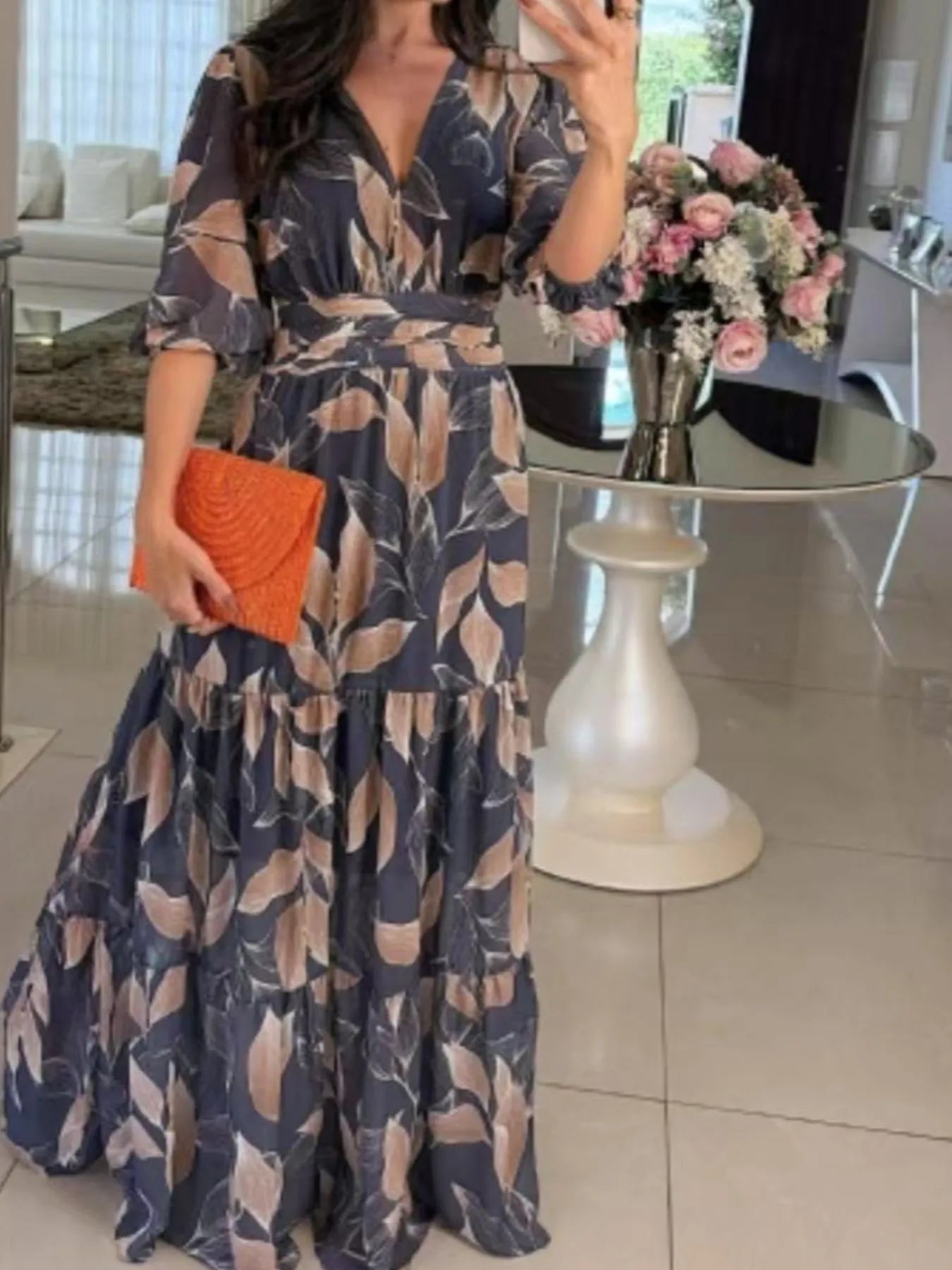 Full Size Printed V-Neck Maxi Dress with Tiered Hemline Plus Size Navy Blue