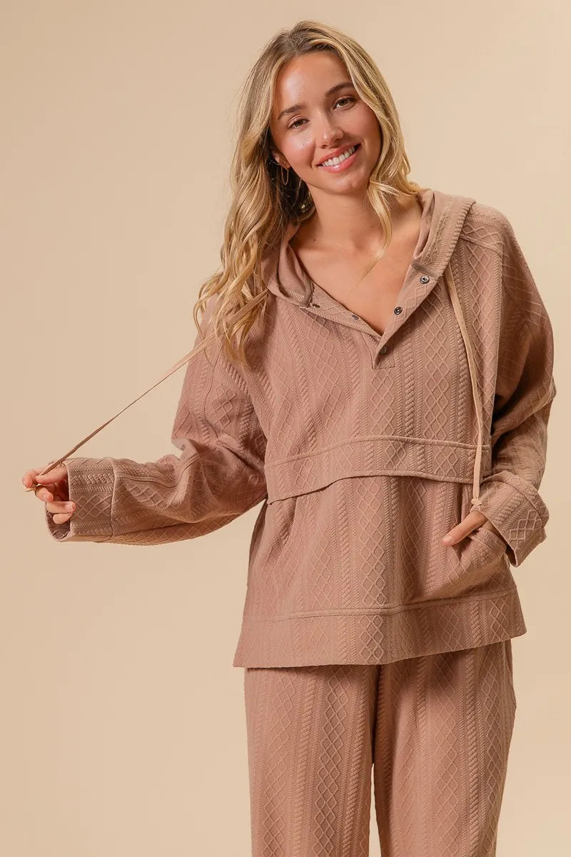 BiBi Textured Knit Buttoned Hoodie Top
