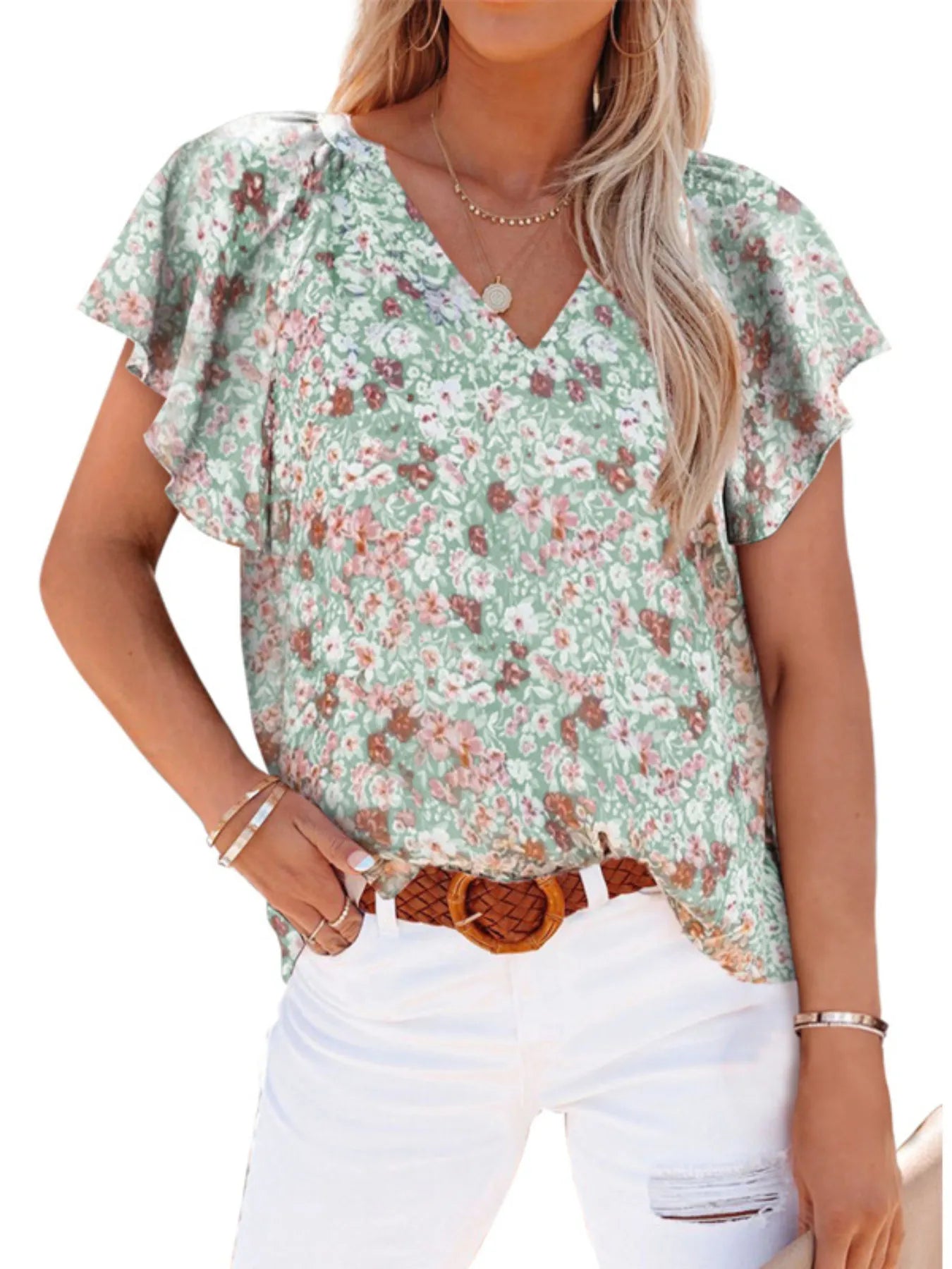 Full Size Flutter Sleeve Floral V-Neck Blouse Plus Size