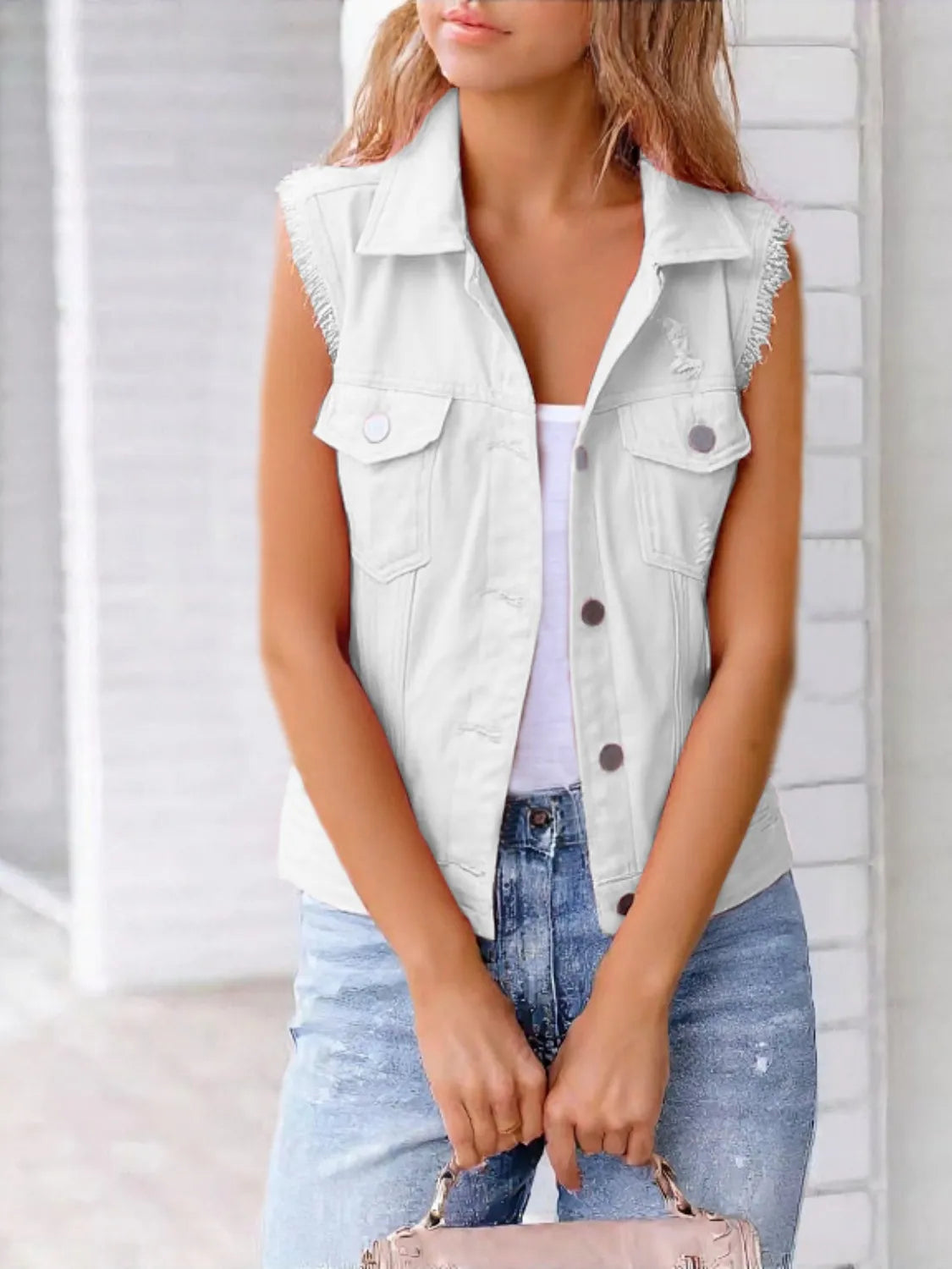 Full Size Sleeveless Frayed Denim Vest Jacket Plus Size White