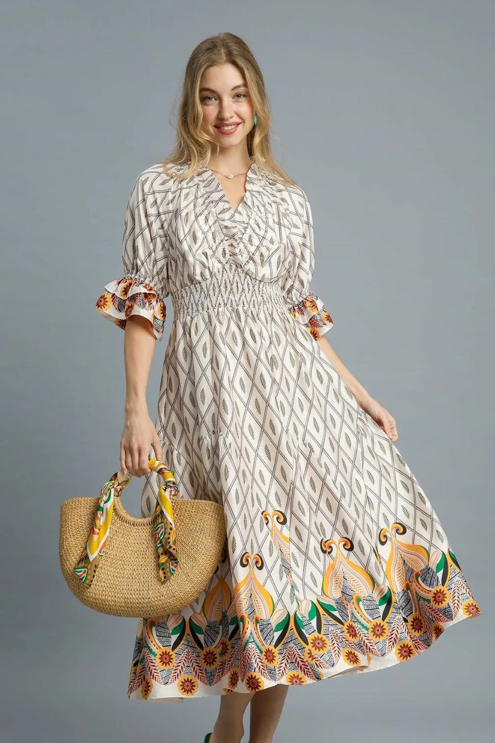 Umgee Printed Smocked Waist Flounce Sleeve Midi Dress Ivory