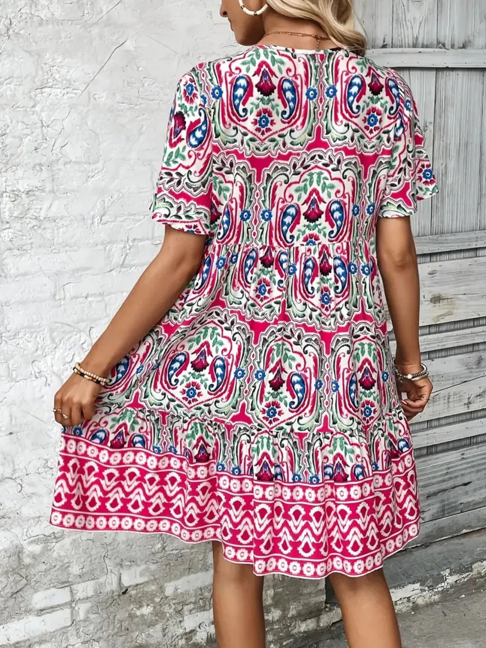 Printed Tie Neck Short Sleeve Dress