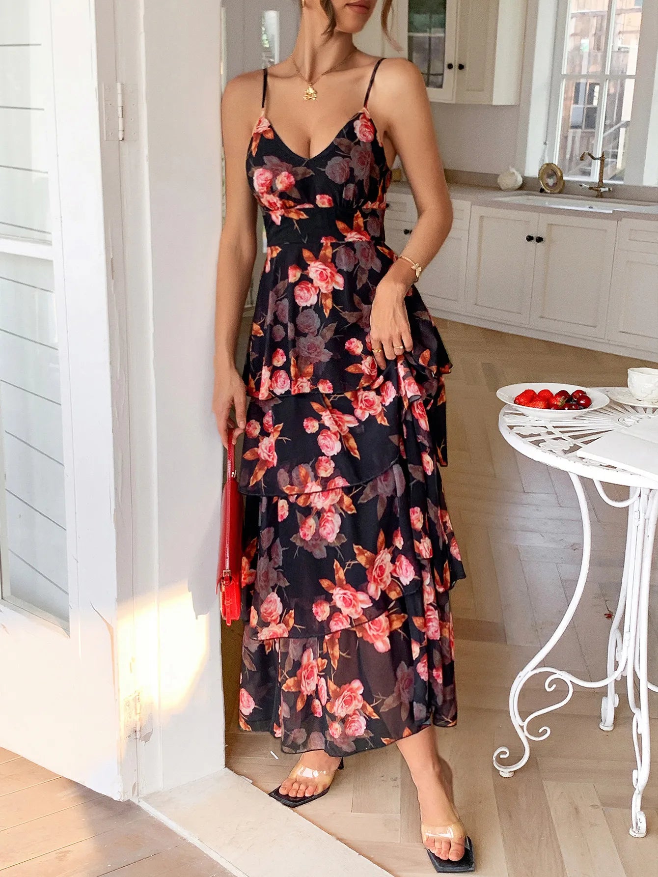 Floral Print Layered Maxi Cami Dress Black